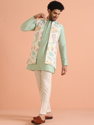 KISAH Mandarin Collar Straight Kurta And Trousers With Jacket