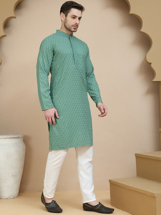 Anouk Floral Embroidered Mandarin Collar Sequinned Straight Kurta With Pyjamas