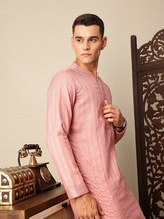 House of Pataudi Embroidered Band Collar Sequinned Jashn Kurta with Churidar