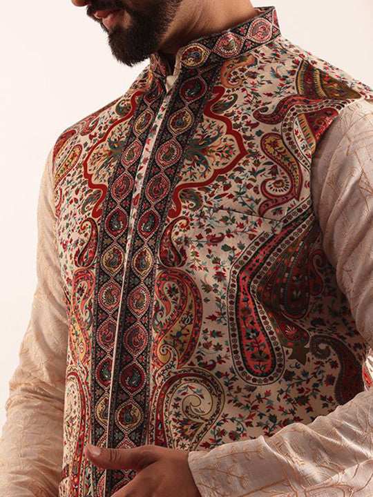SOJANYA Floral Embroidered Cotton Silk Straight Kurta With Pyjama & Nehru Jacket