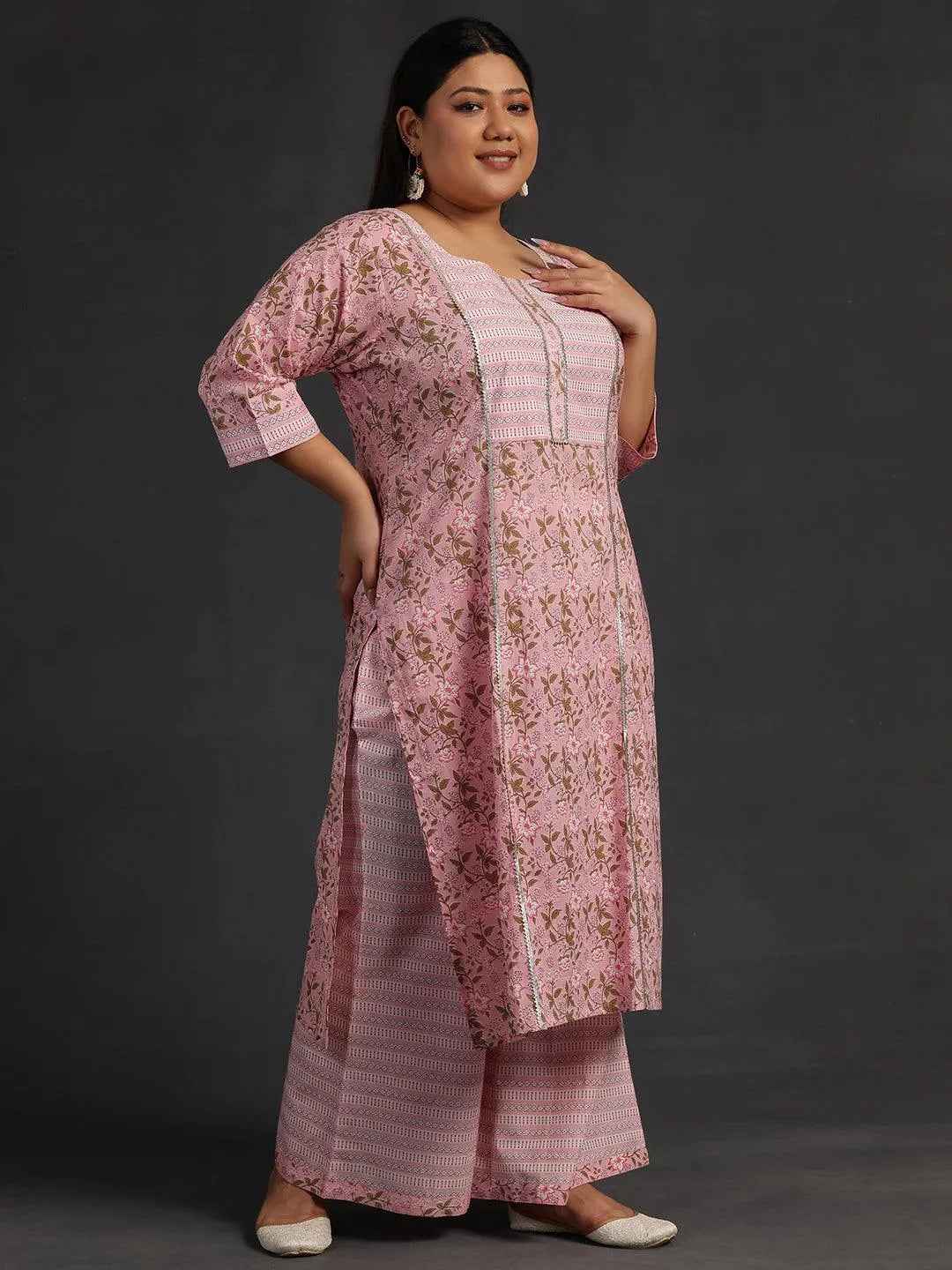 Plus Size Pink Yoke Design Cotton Straight Suit With Dupatta
