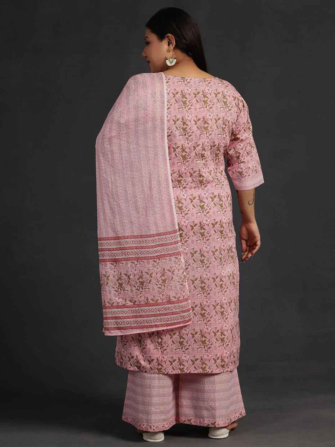 Plus Size Pink Yoke Design Cotton Straight Suit With Dupatta