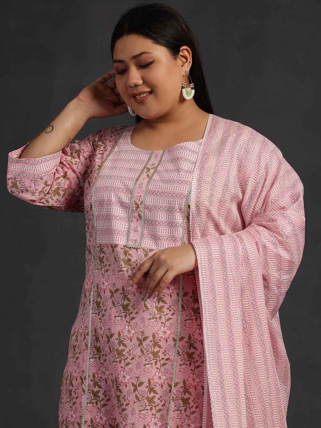 Plus Size Pink Yoke Design Cotton Straight Suit With Dupatta