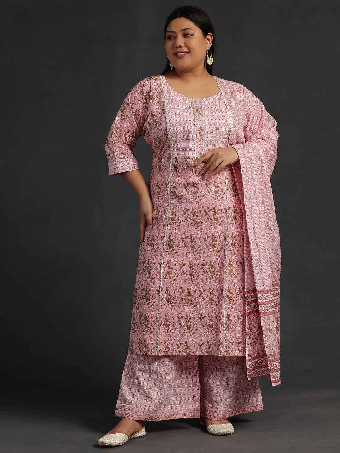 Plus Size Pink Yoke Design Cotton Straight Suit With Dupatta