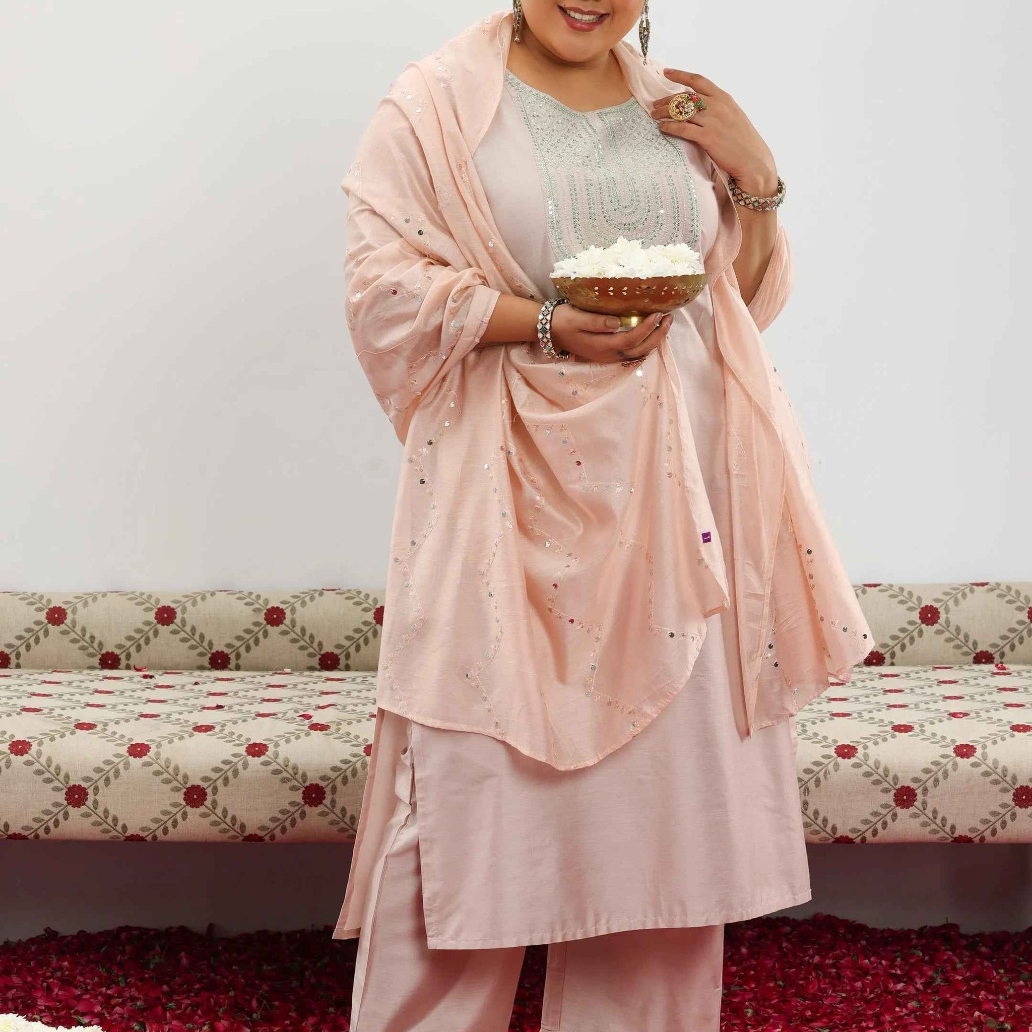 Plus Size Pink Yoke Design Silk Blend Straight Suit With Dupatta