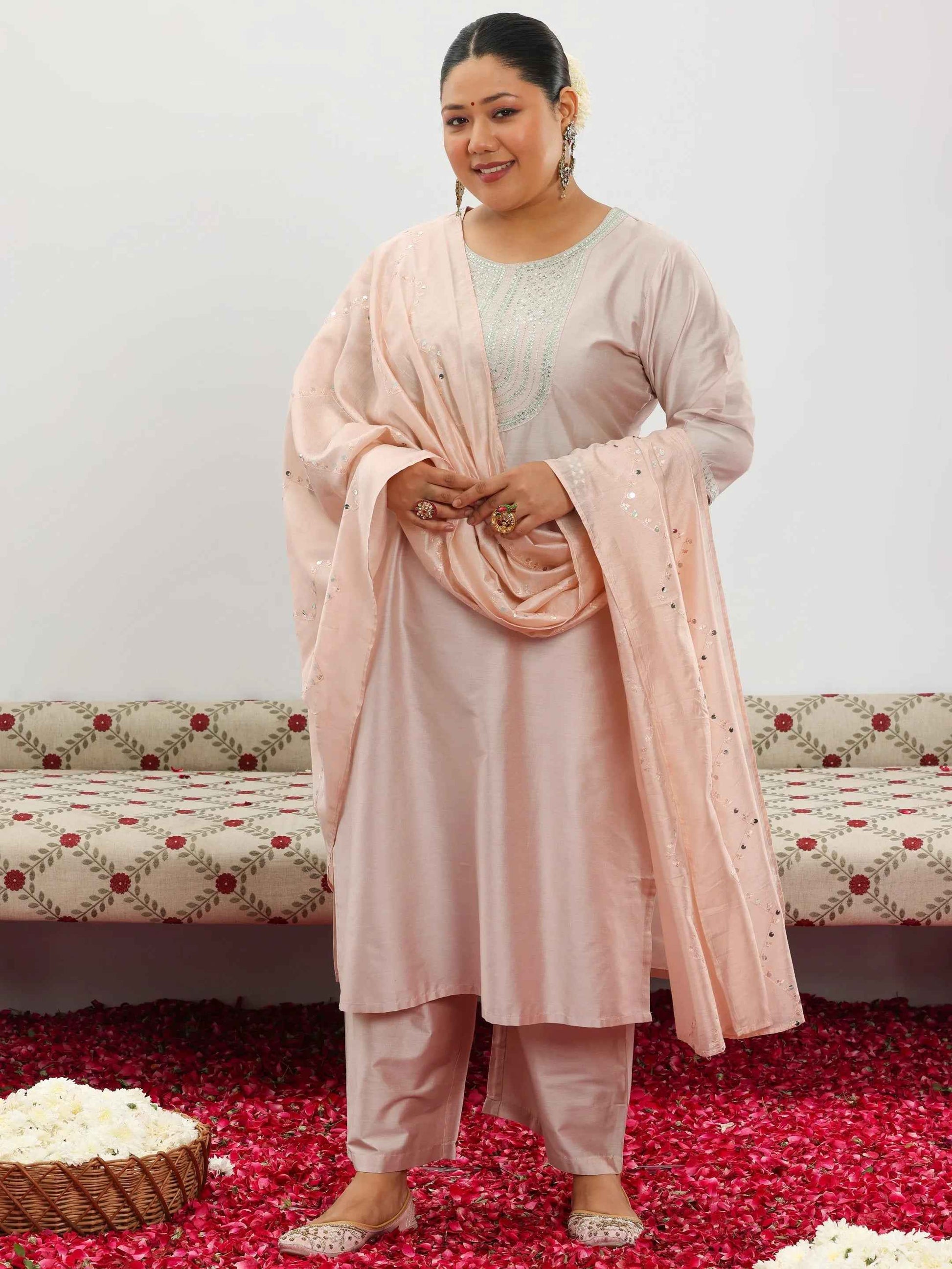 Plus Size Pink Yoke Design Silk Blend Straight Suit With Dupatta