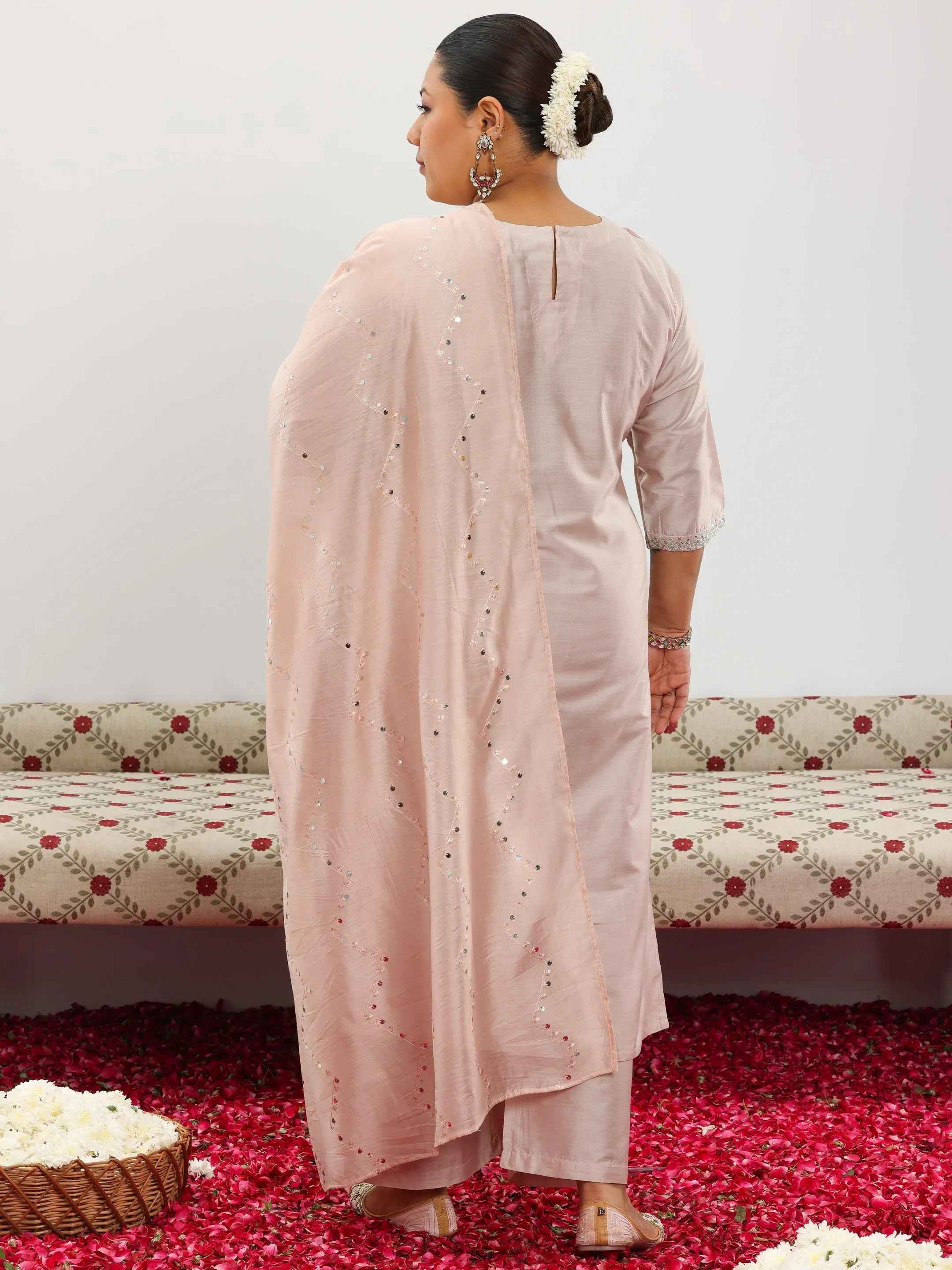 Plus Size Pink Yoke Design Silk Blend Straight Suit With Dupatta