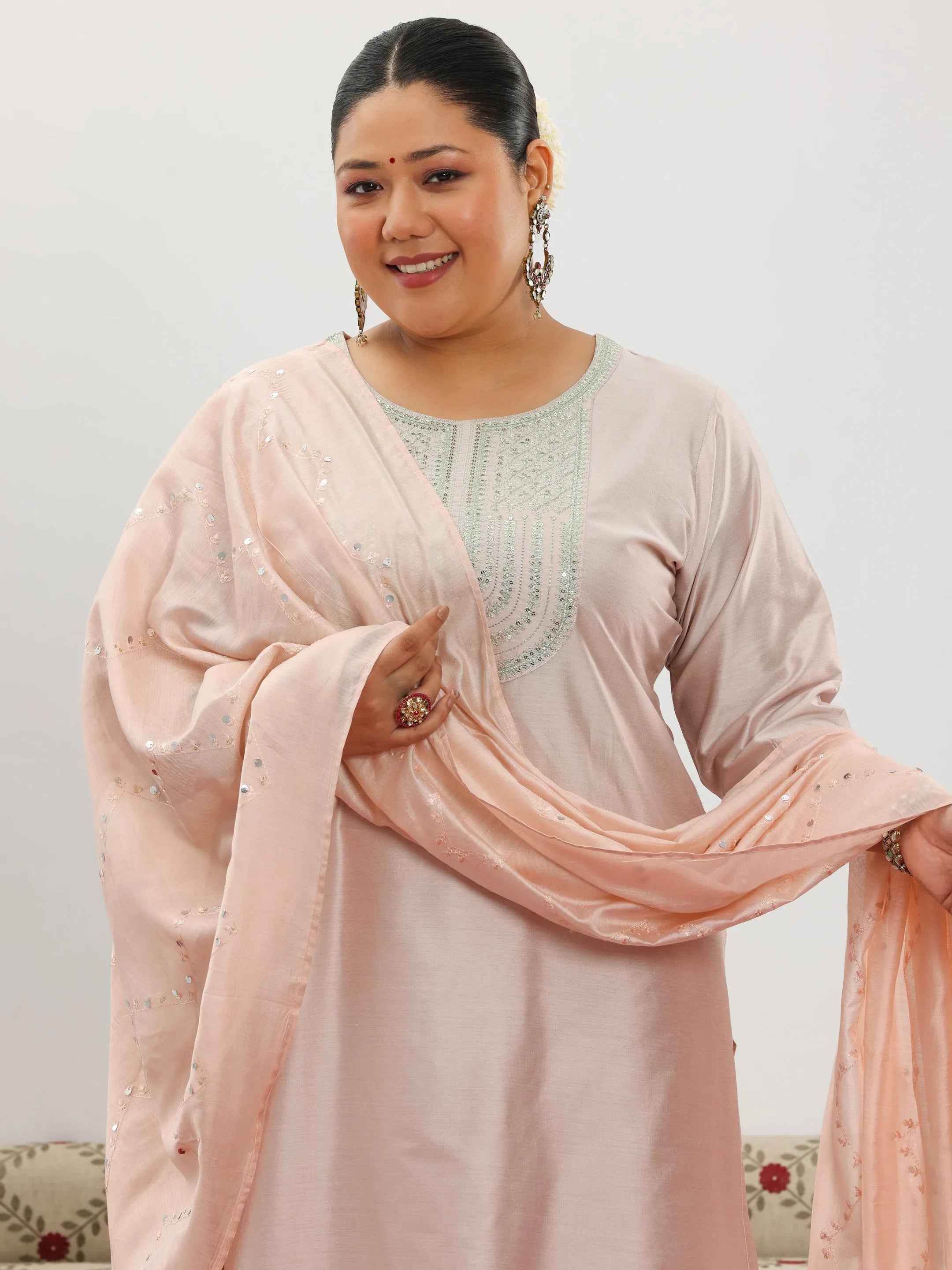 Plus Size Pink Yoke Design Silk Blend Straight Suit With Dupatta