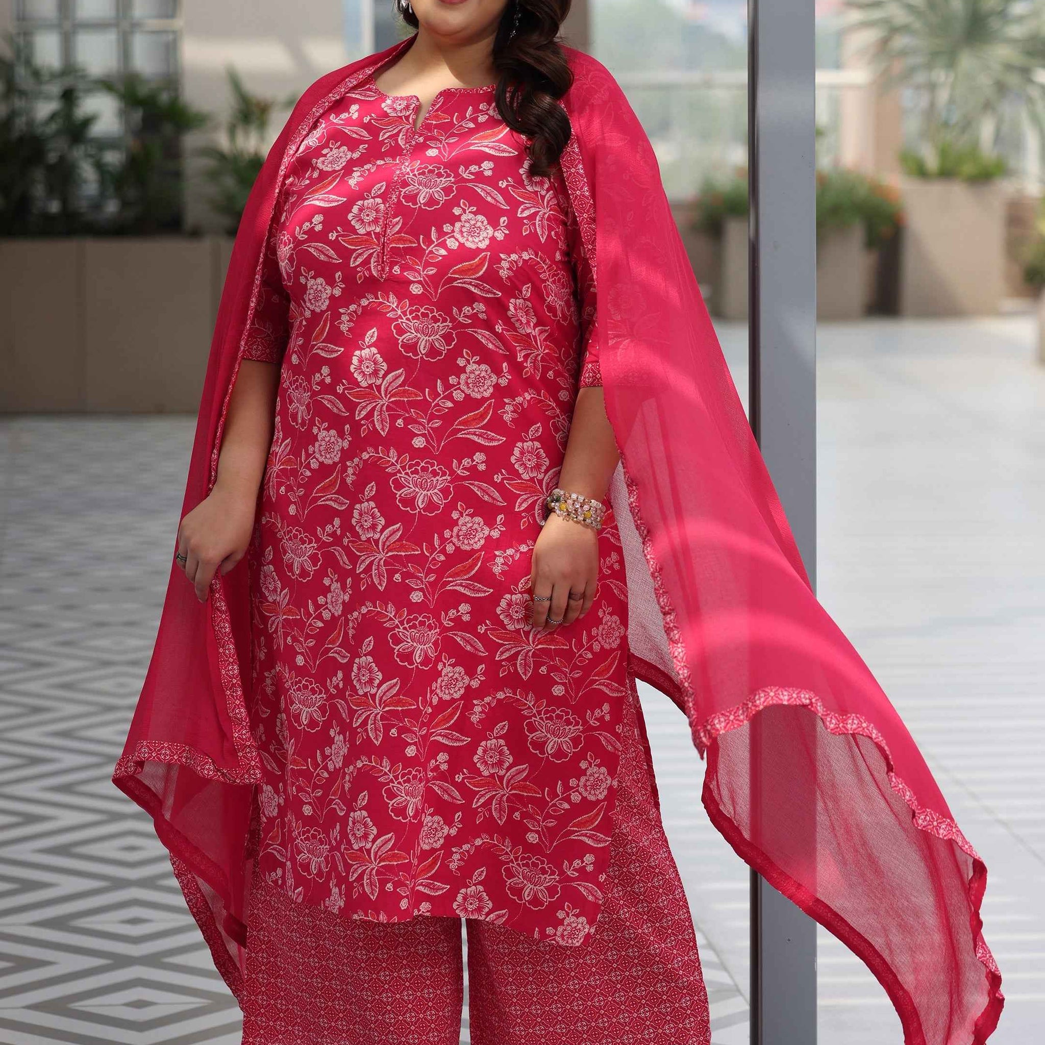 Plus Size Pink Printed Cotton Straight Suit With Dupatta