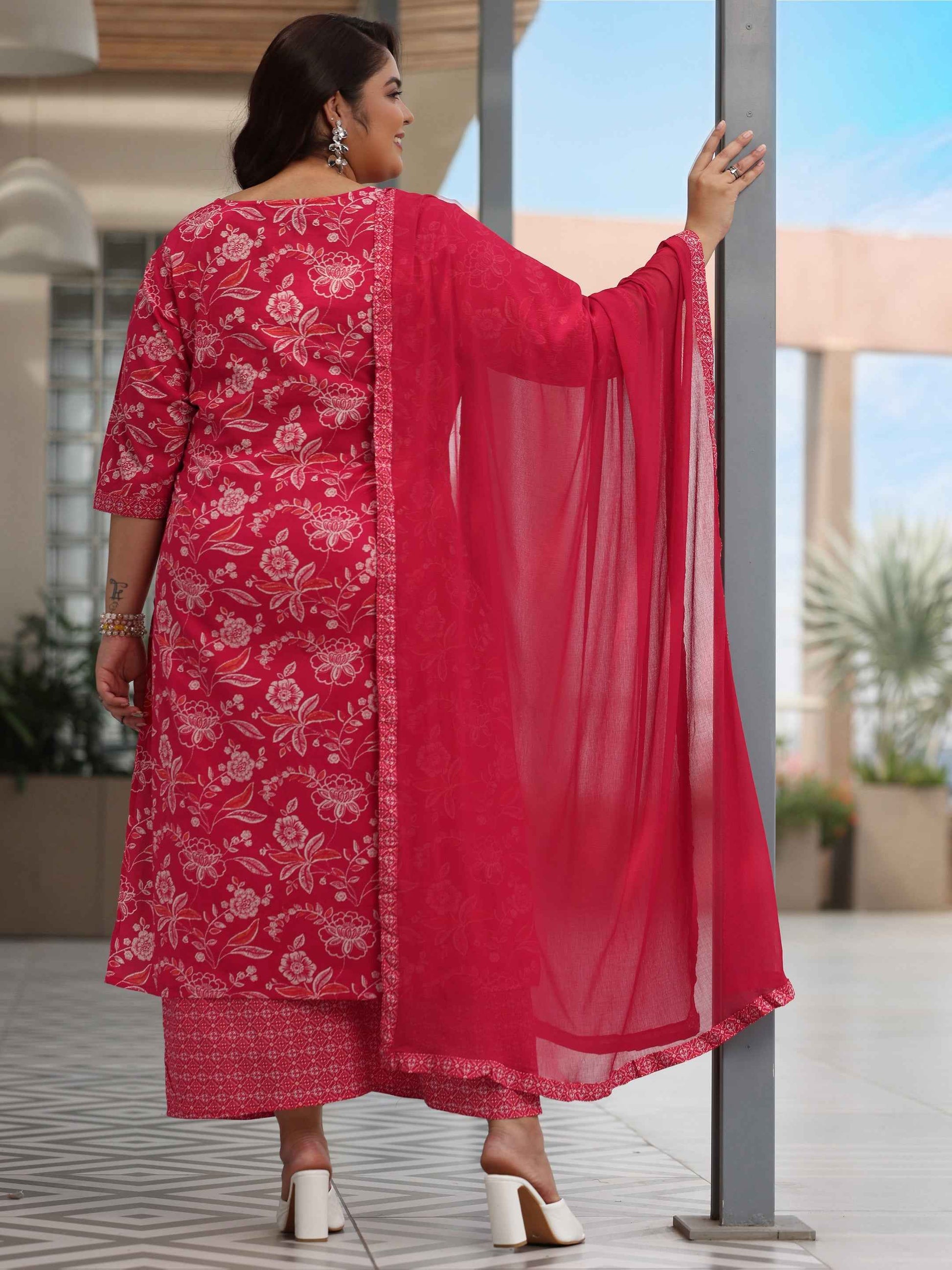 Plus Size Pink Printed Cotton Straight Suit With Dupatta