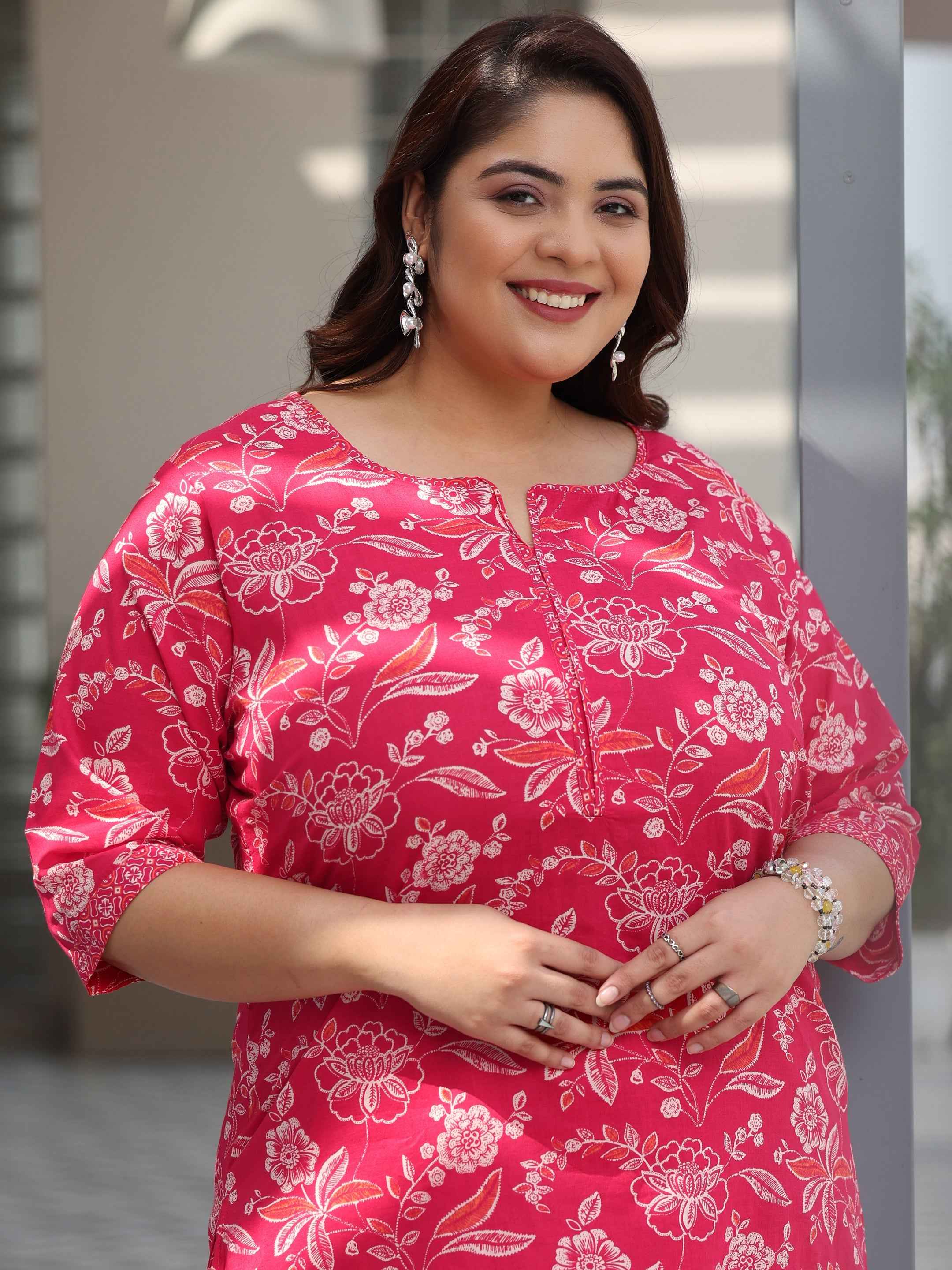 Plus Size Pink Printed Cotton Straight Suit With Dupatta
