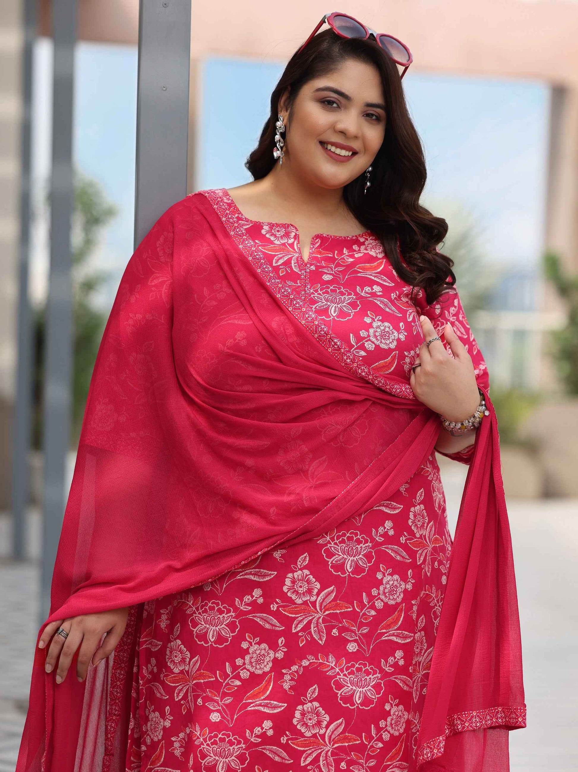 Plus Size Pink Printed Cotton Straight Suit With Dupatta