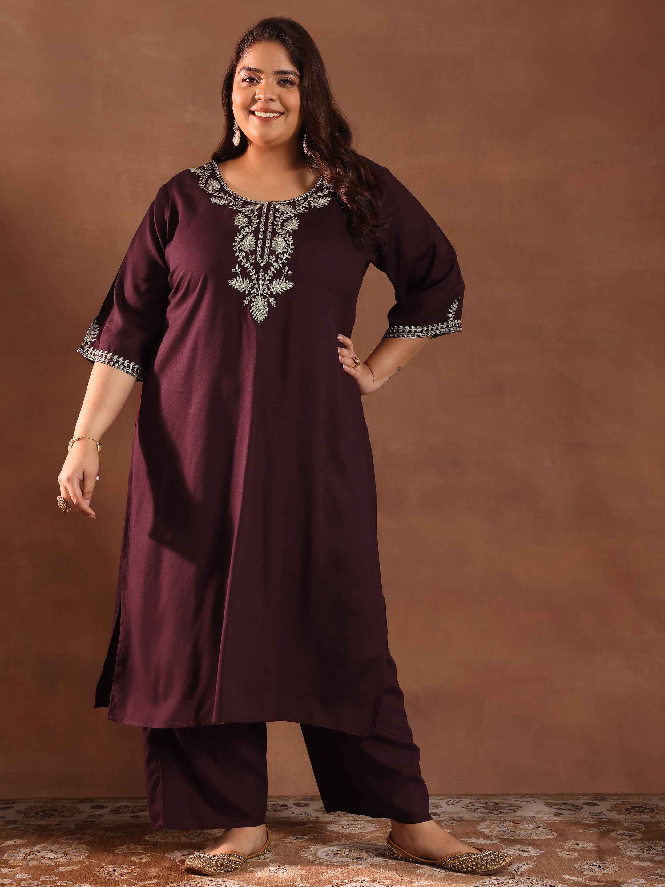 Plus Size Burgundy Yoke Design Rayon Straight Kurta Set
