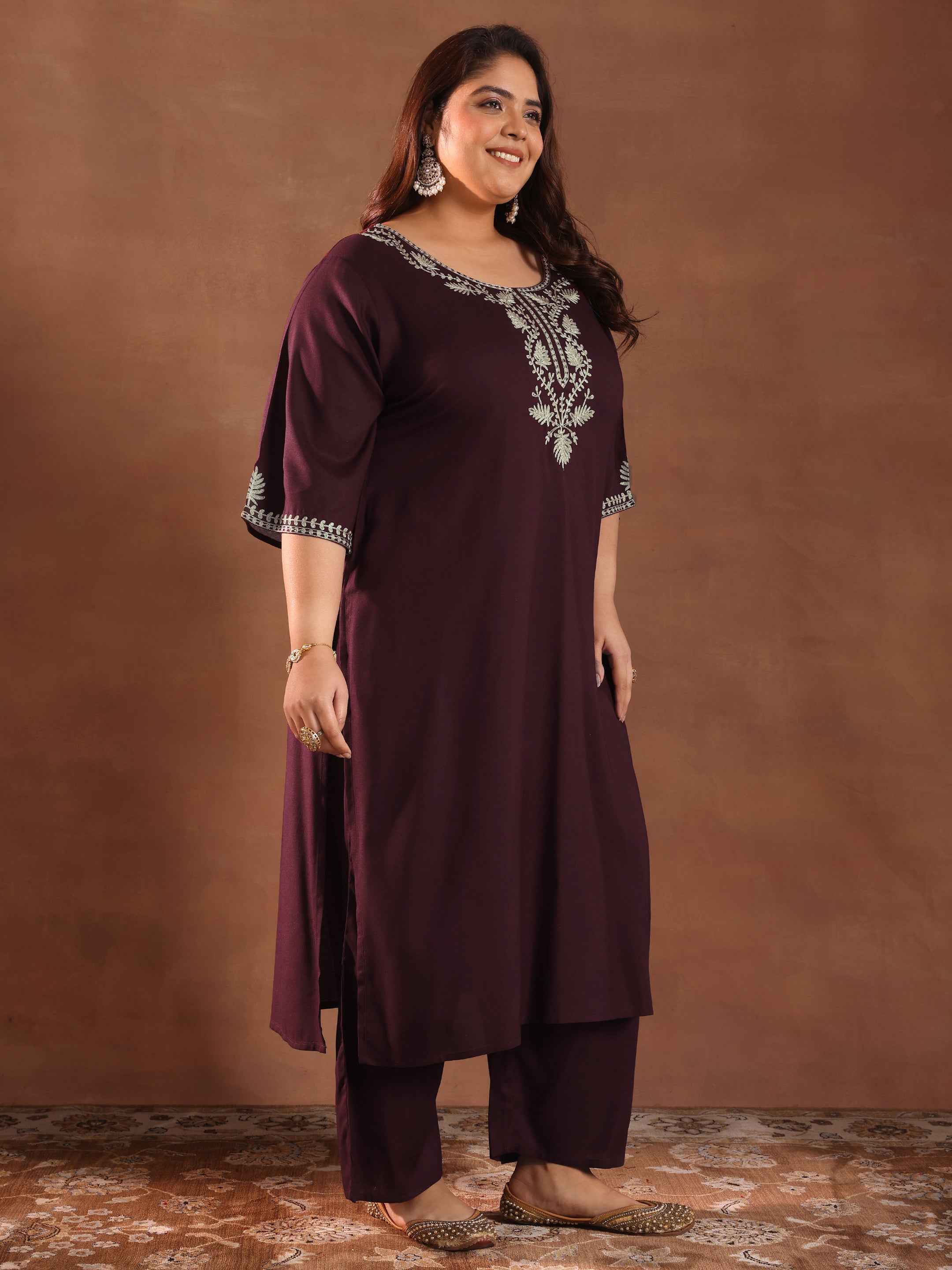 Plus Size Burgundy Yoke Design Rayon Straight Kurta Set