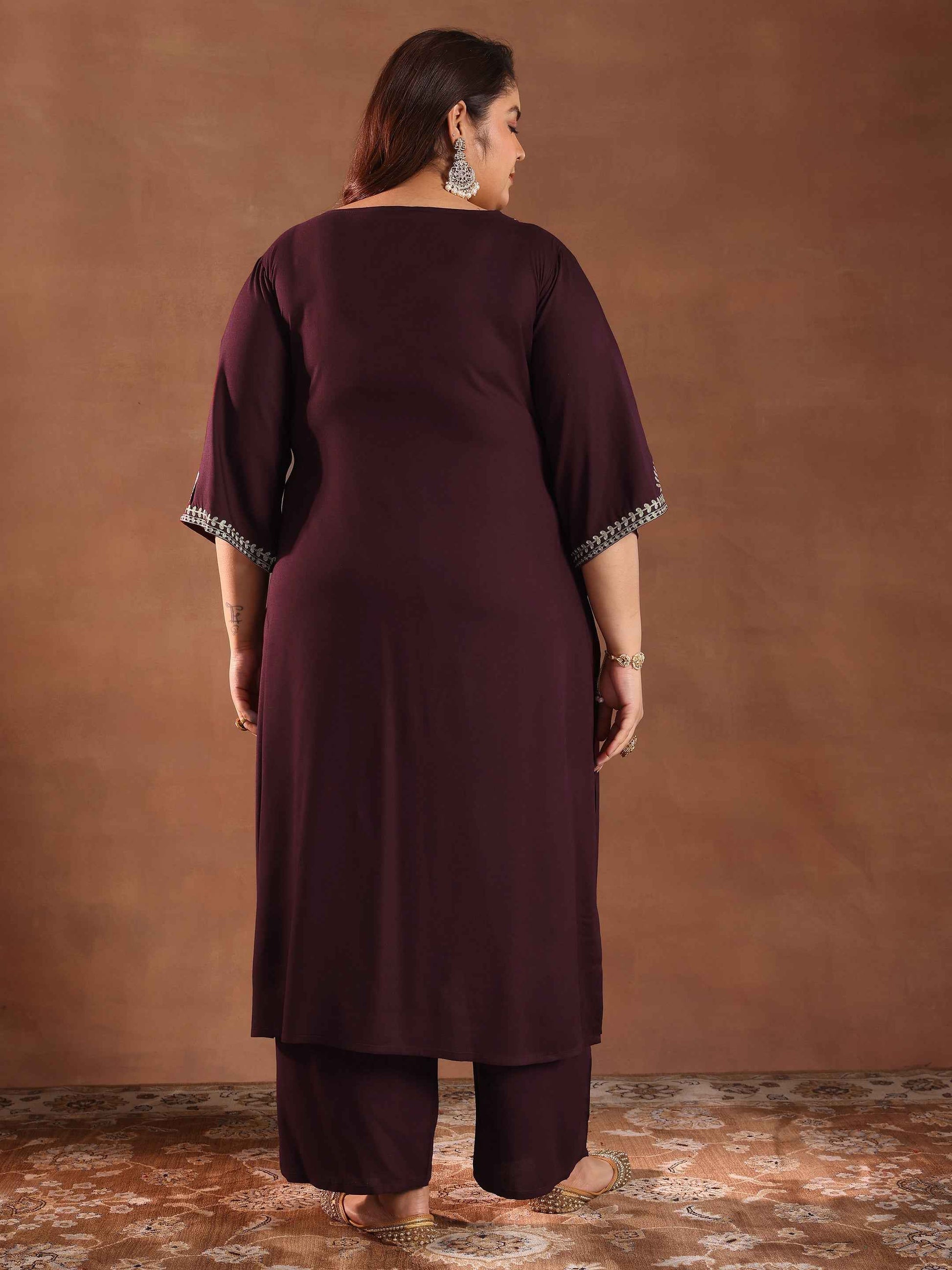 Plus Size Burgundy Yoke Design Rayon Straight Kurta Set