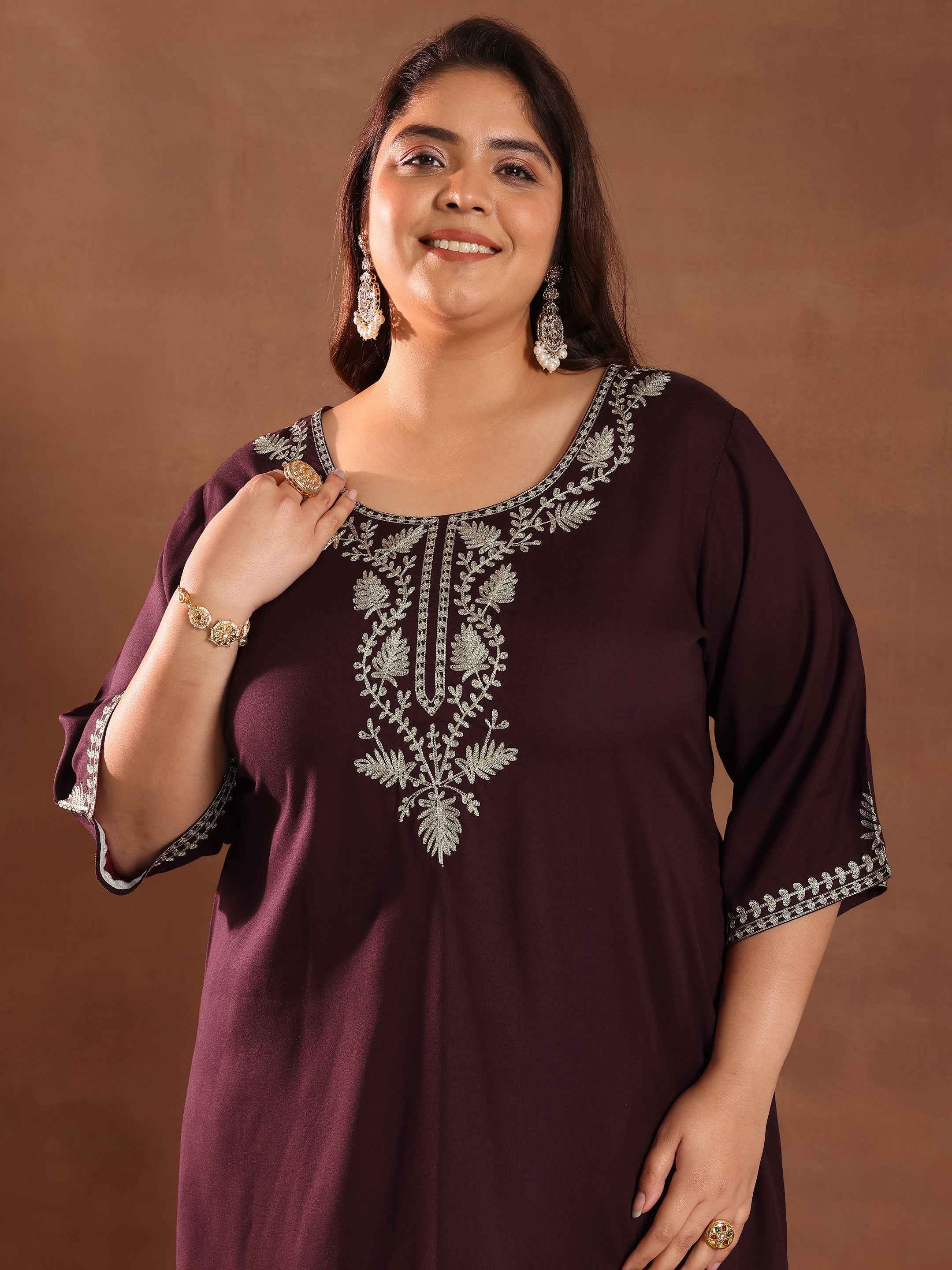 Plus Size Burgundy Yoke Design Rayon Straight Kurta Set