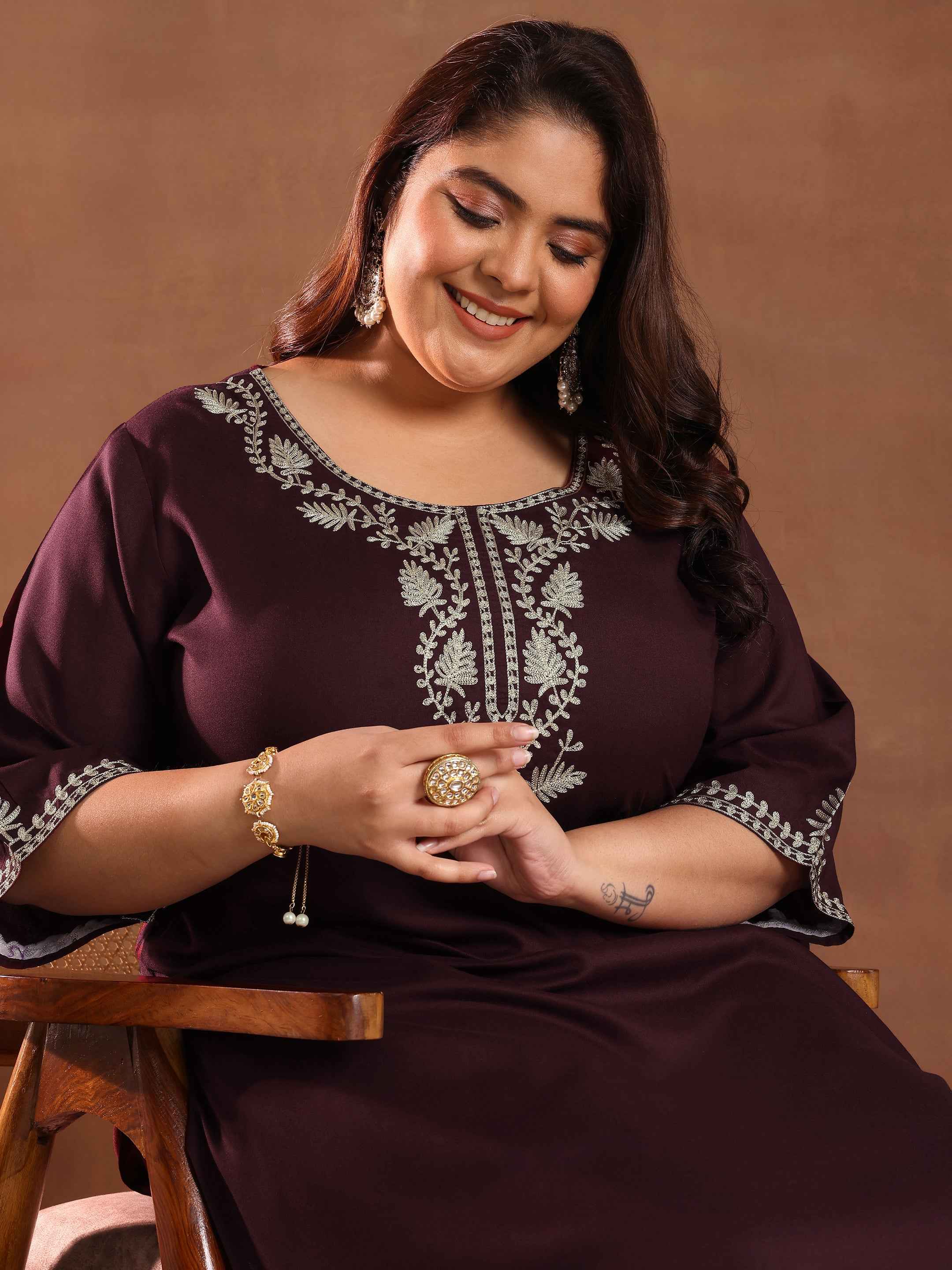 Plus Size Burgundy Yoke Design Rayon Straight Kurta Set