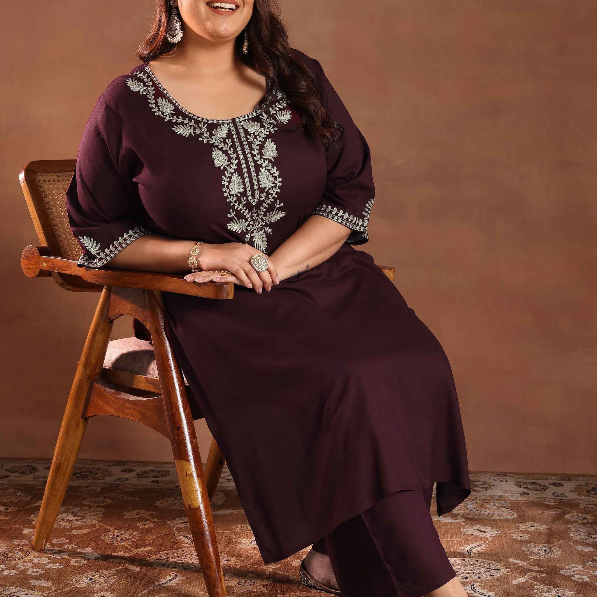 Plus Size Burgundy Yoke Design Rayon Straight Kurta Set