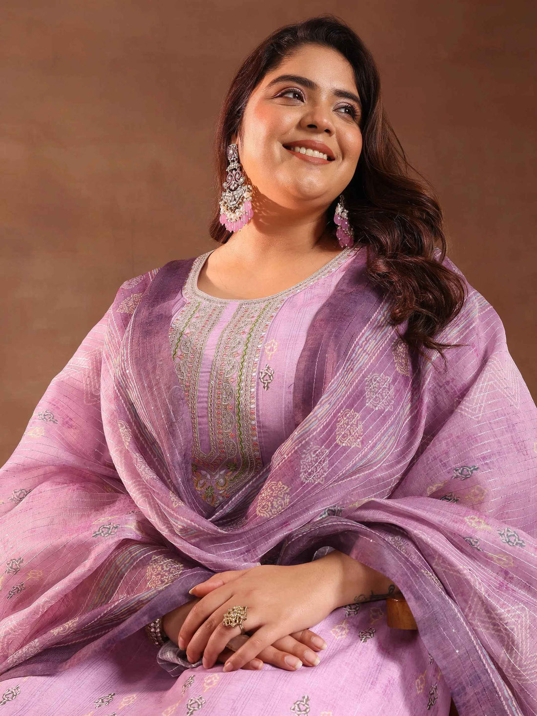 Plus Size Lavender Printed Silk Blend Straight Suit With Dupatta