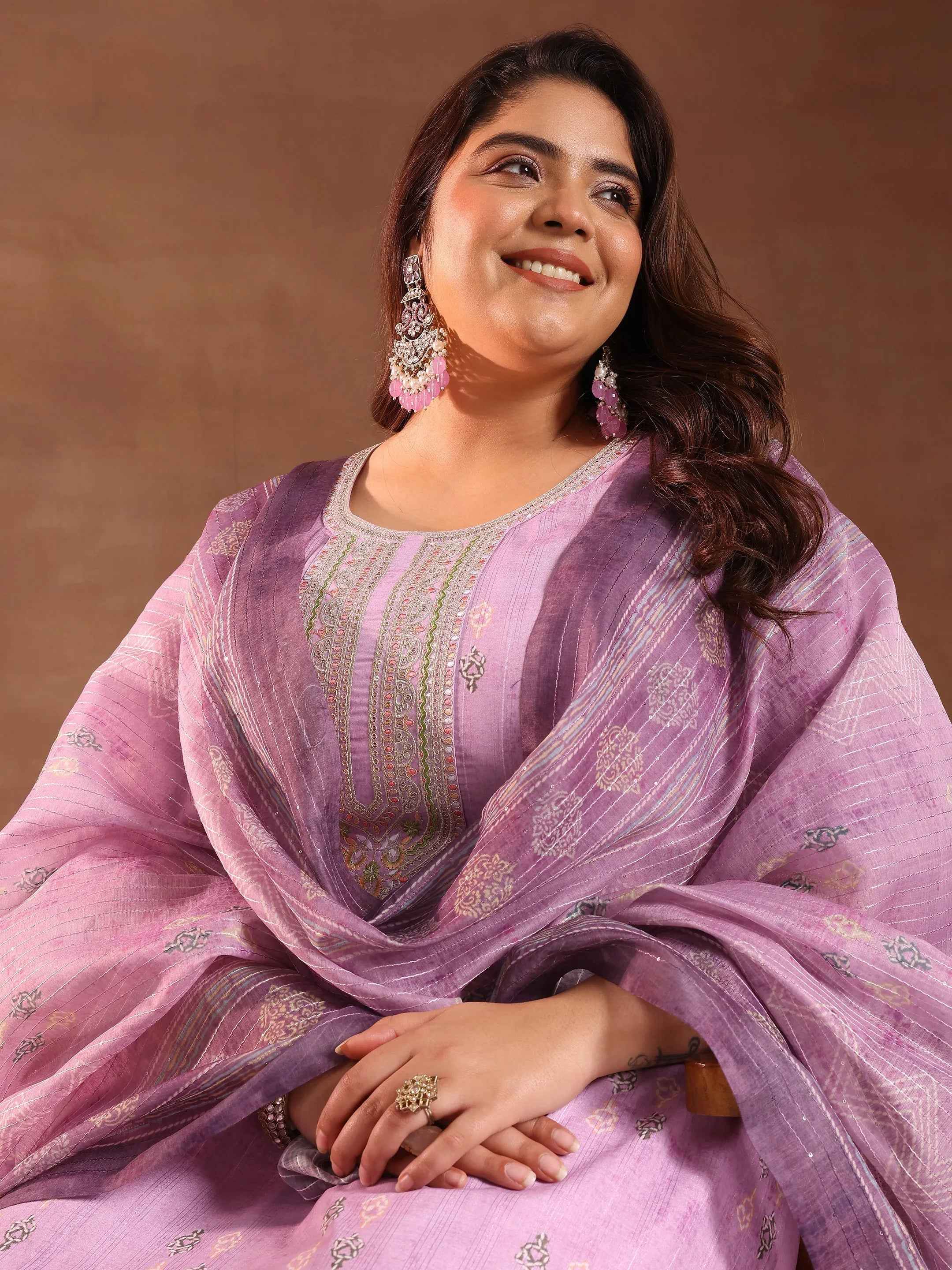 Plus Size Lavender Printed Silk Blend Straight Suit With Dupatta