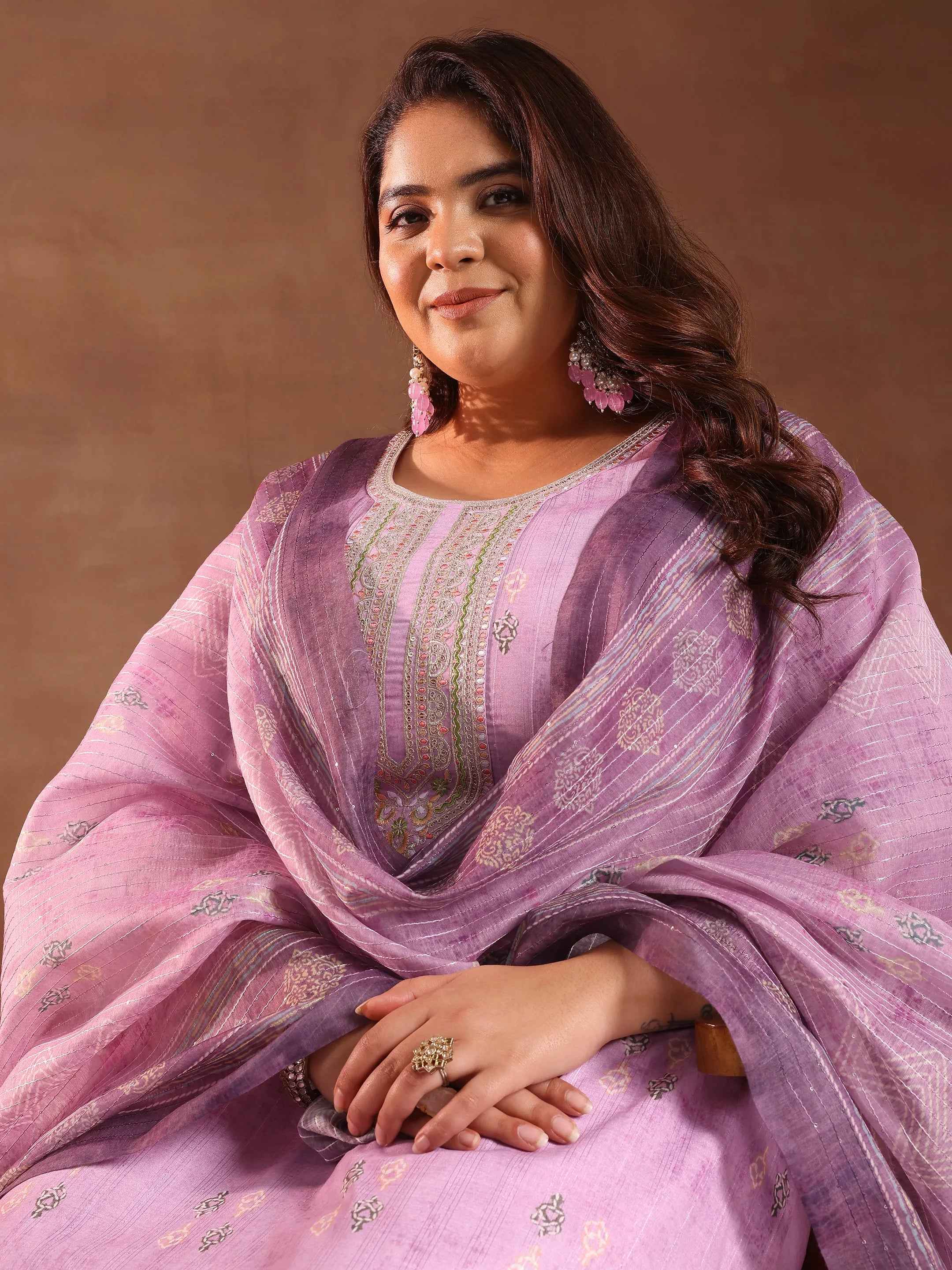 Plus Size Lavender Printed Silk Blend Straight Suit With Dupatta