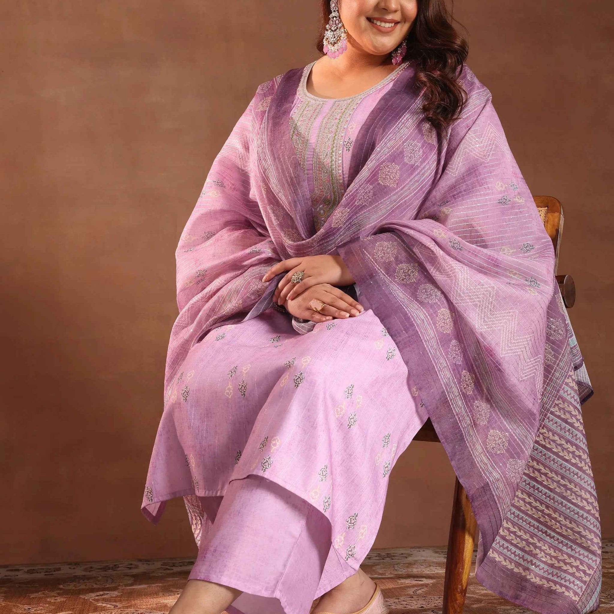 Plus Size Lavender Printed Silk Blend Straight Suit With Dupatta