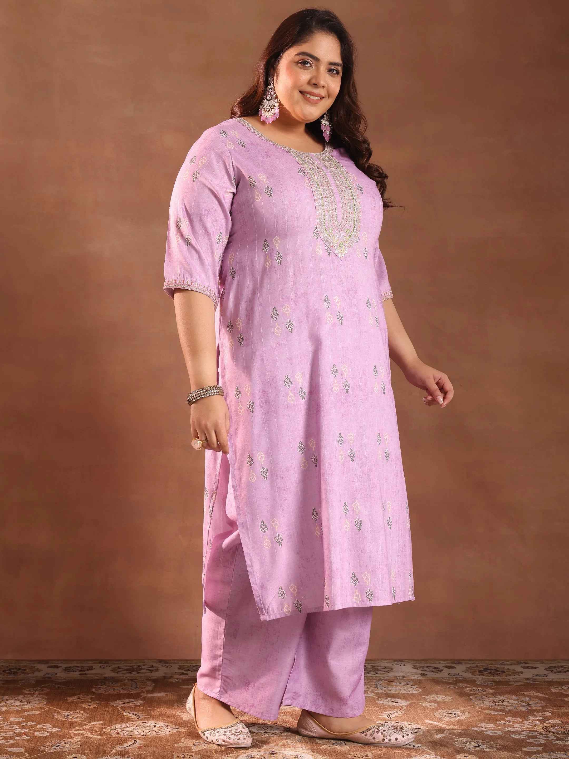 Plus Size Lavender Printed Silk Blend Straight Suit With Dupatta