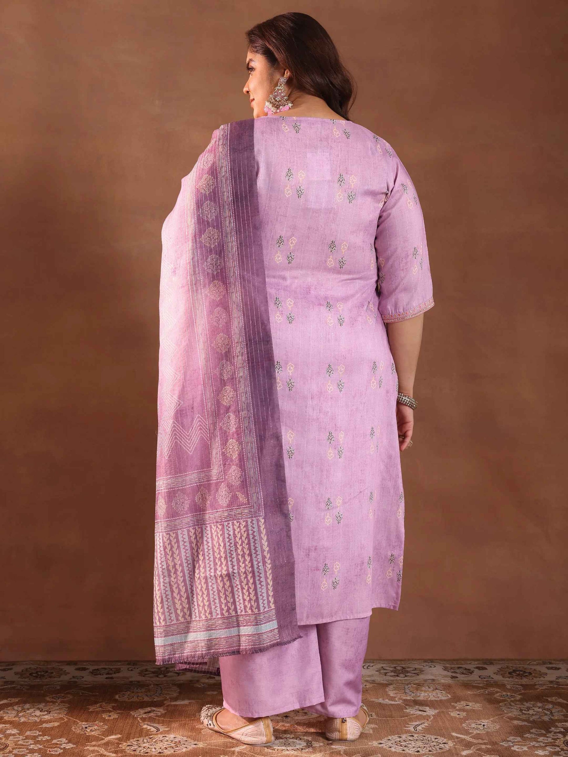 Plus Size Lavender Printed Silk Blend Straight Suit With Dupatta