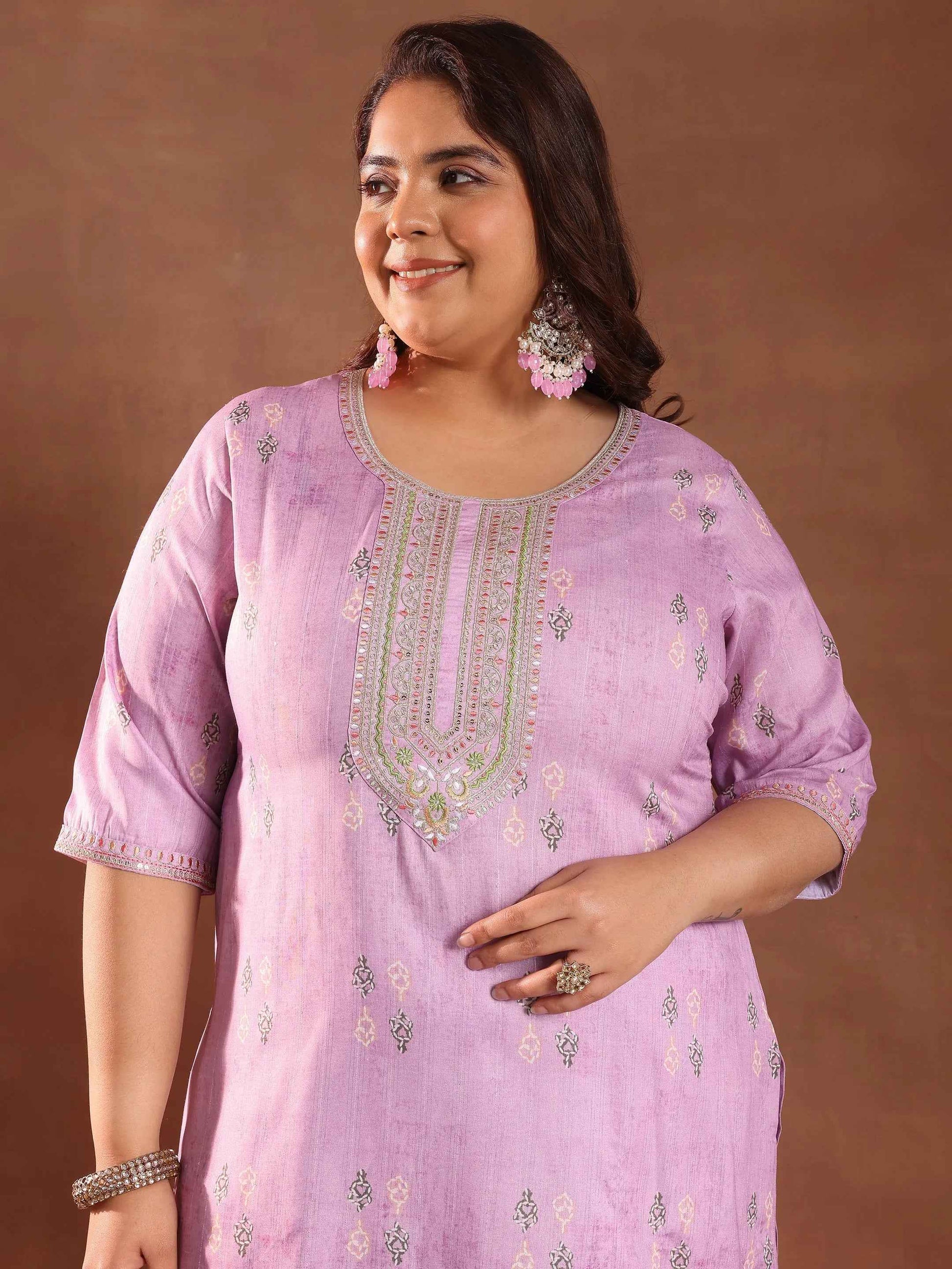 Plus Size Lavender Printed Silk Blend Straight Suit With Dupatta