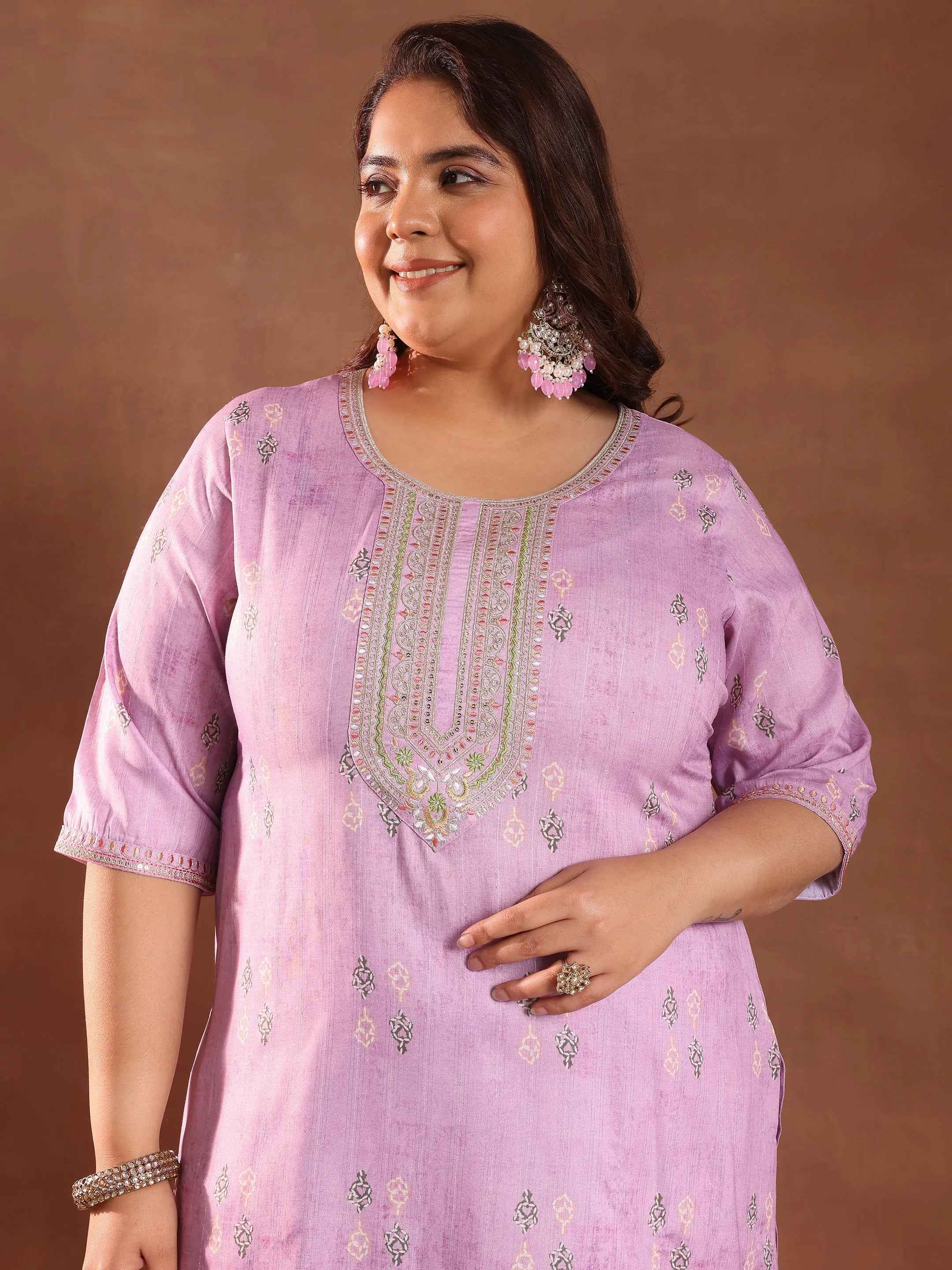 Plus Size Lavender Printed Silk Blend Straight Suit With Dupatta