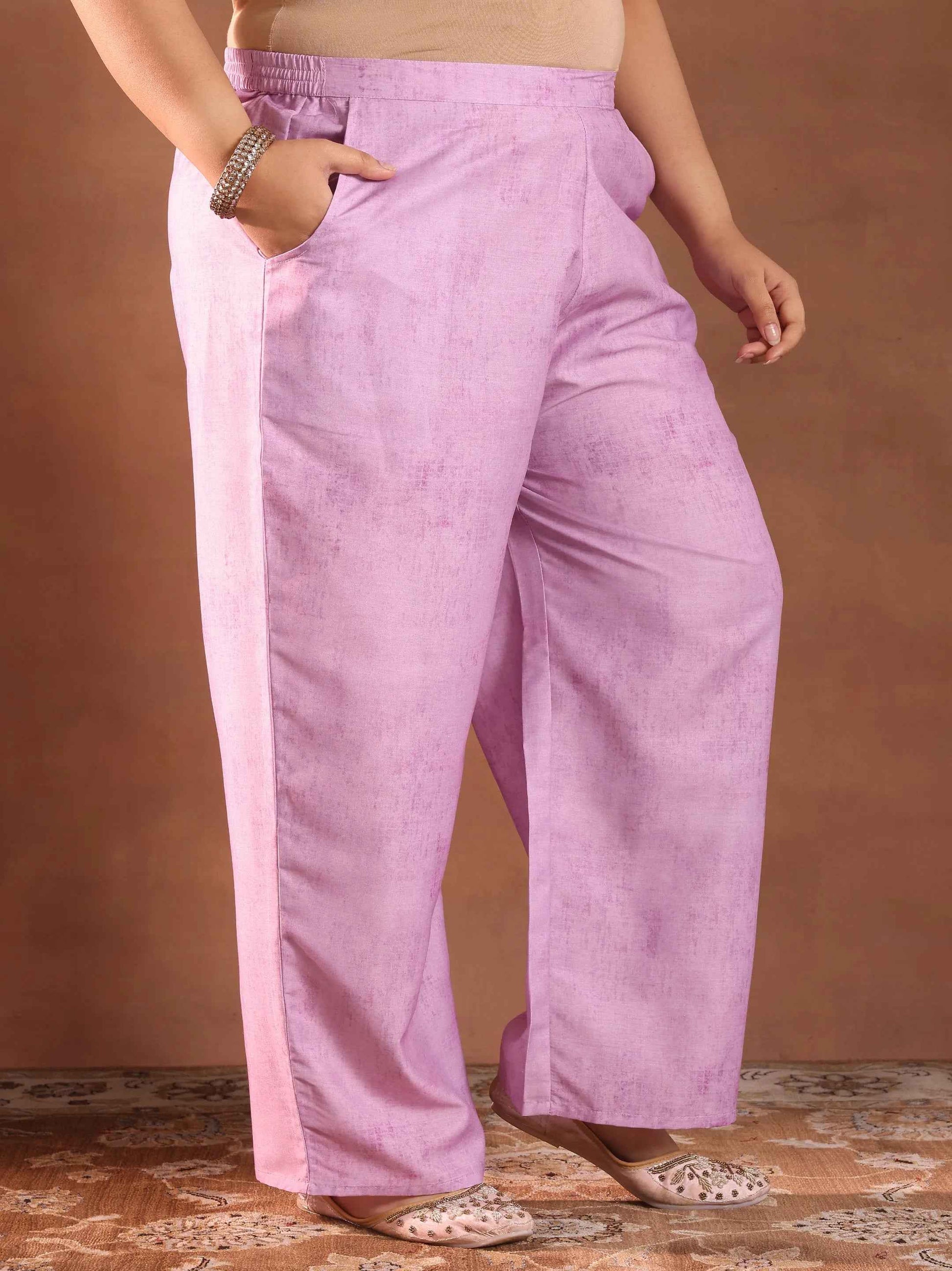 Plus Size Lavender Printed Silk Blend Straight Suit With Dupatta