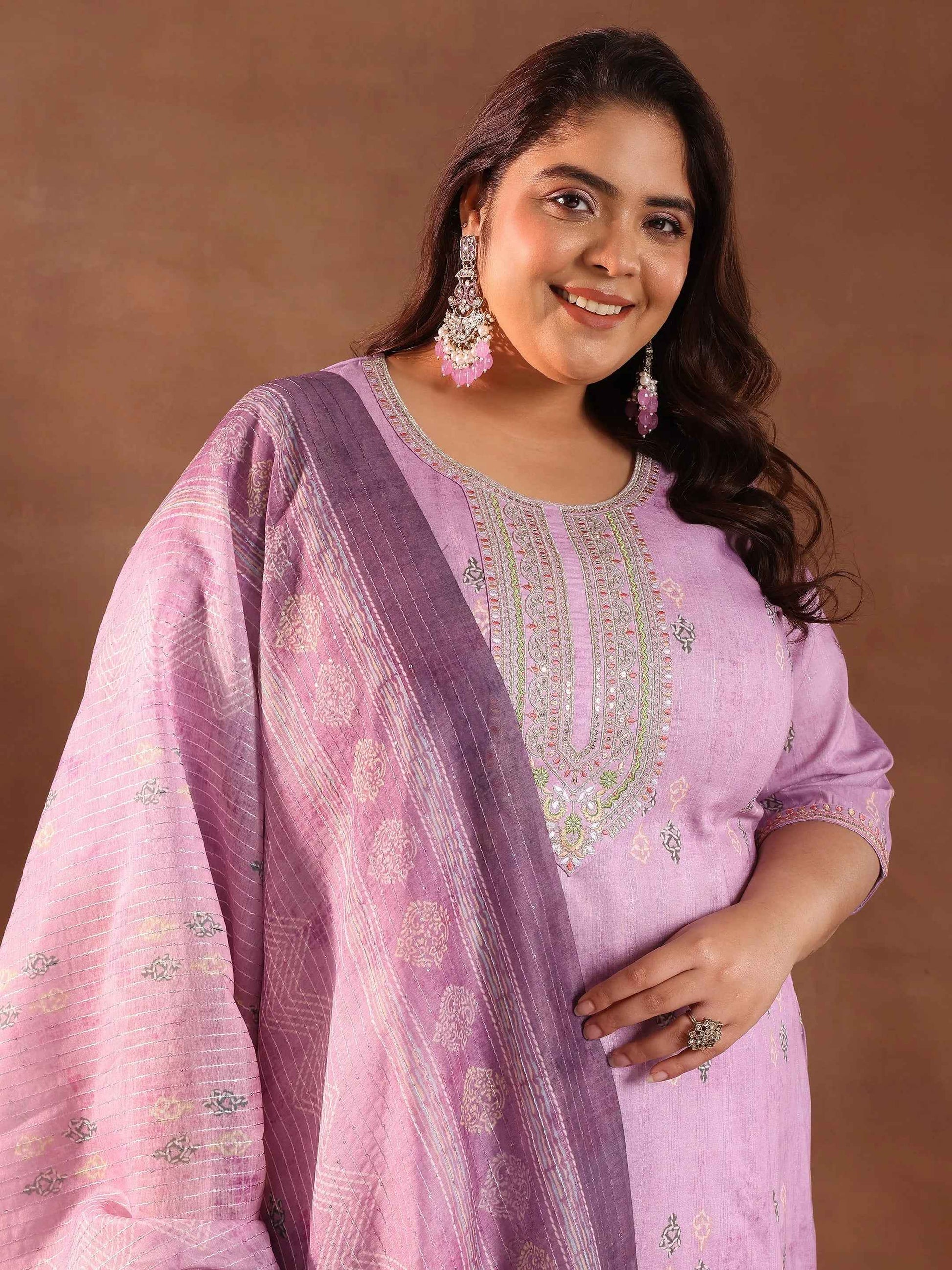 Plus Size Lavender Printed Silk Blend Straight Suit With Dupatta