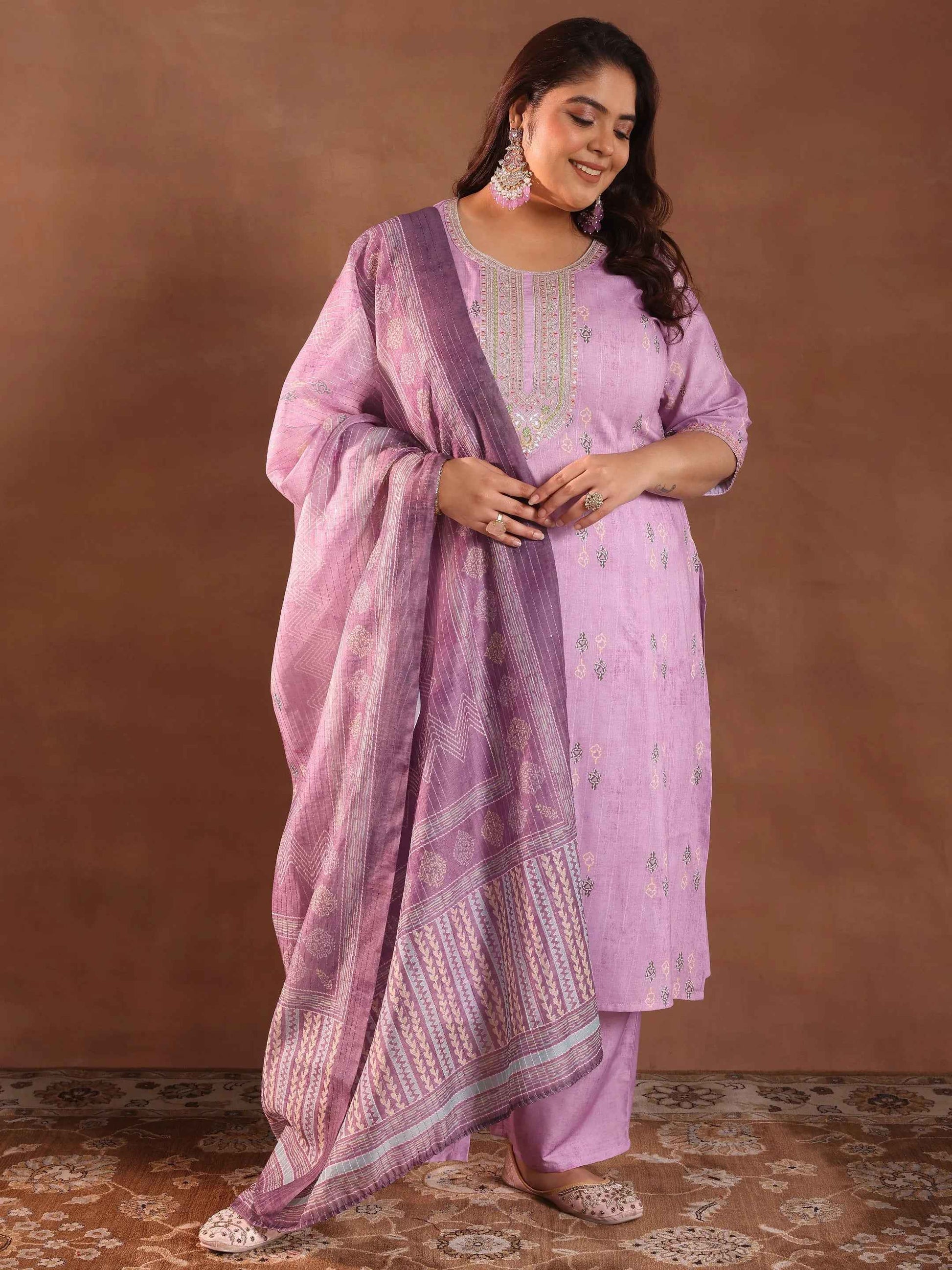 Plus Size Lavender Printed Silk Blend Straight Suit With Dupatta