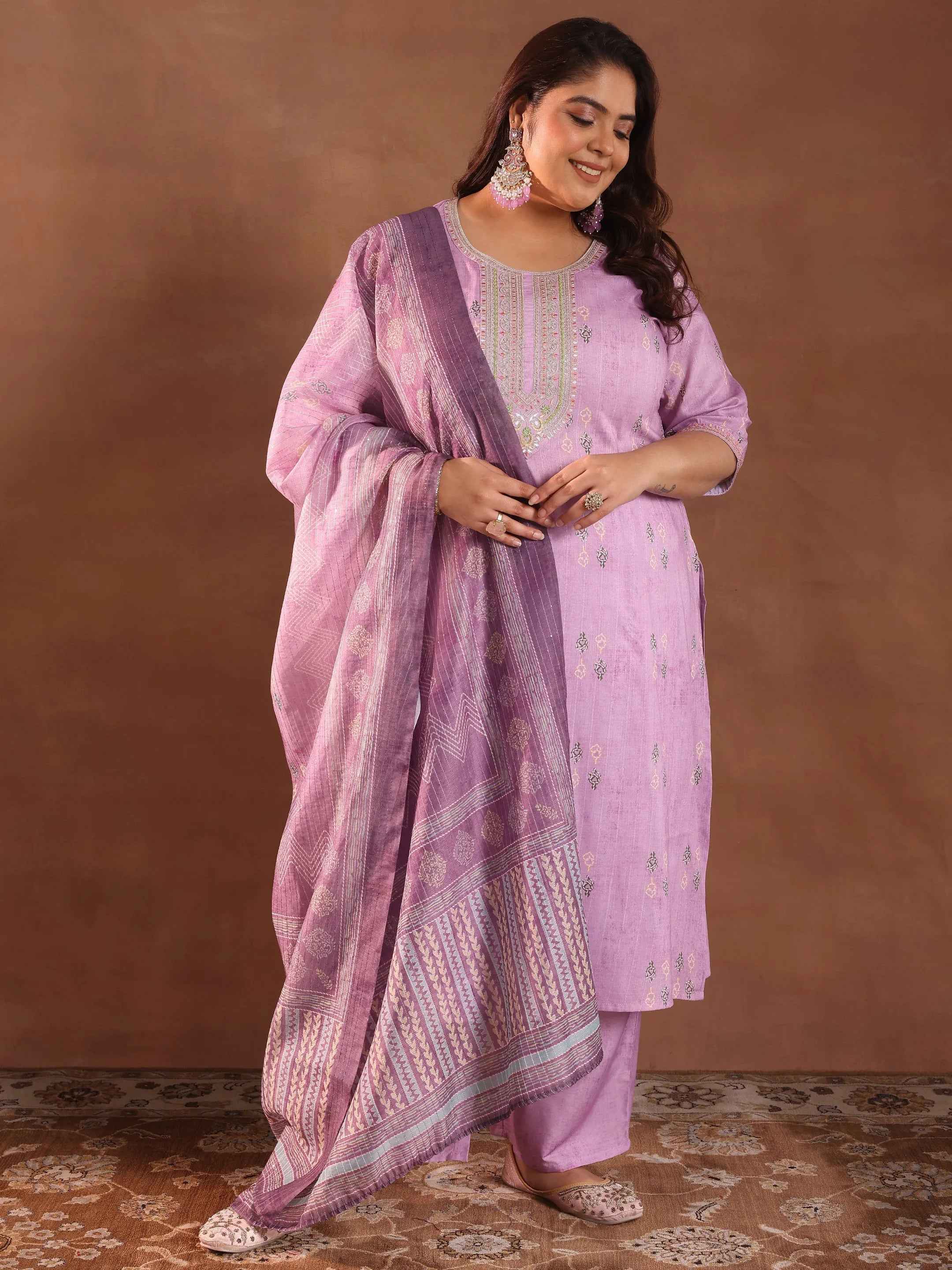 Plus Size Lavender Printed Silk Blend Straight Suit With Dupatta