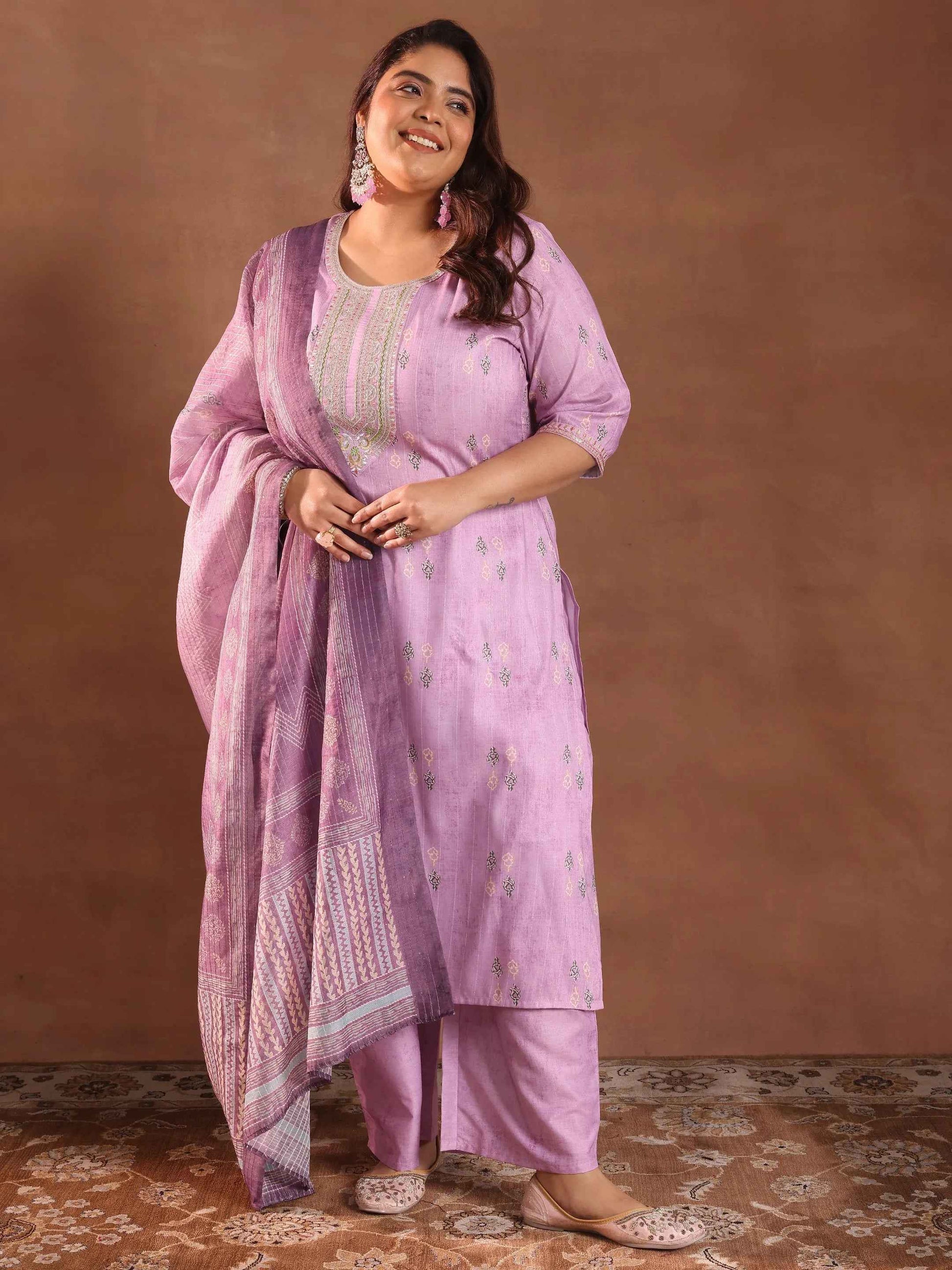 Plus Size Lavender Printed Silk Blend Straight Suit With Dupatta