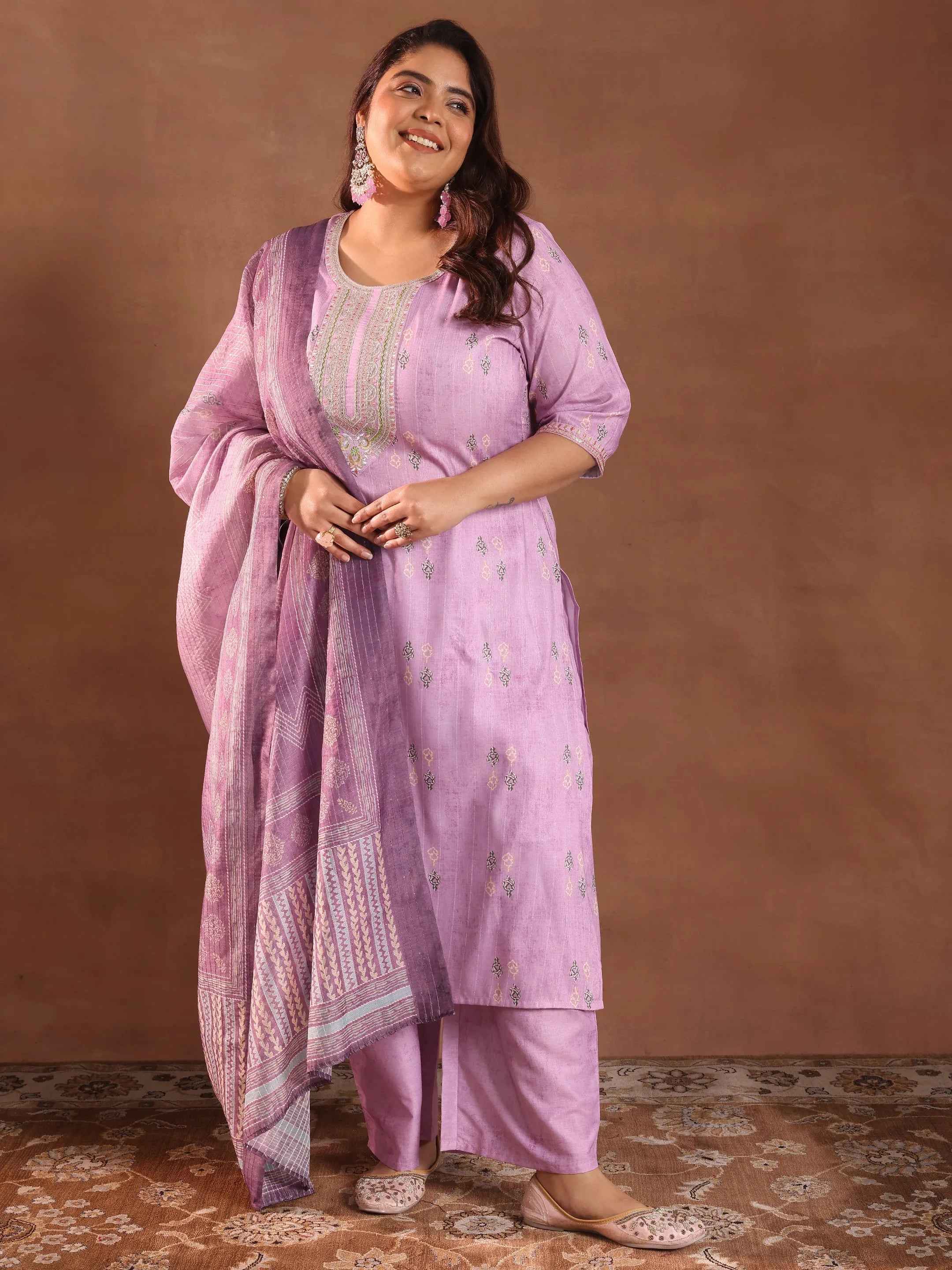 Plus Size Lavender Printed Silk Blend Straight Suit With Dupatta