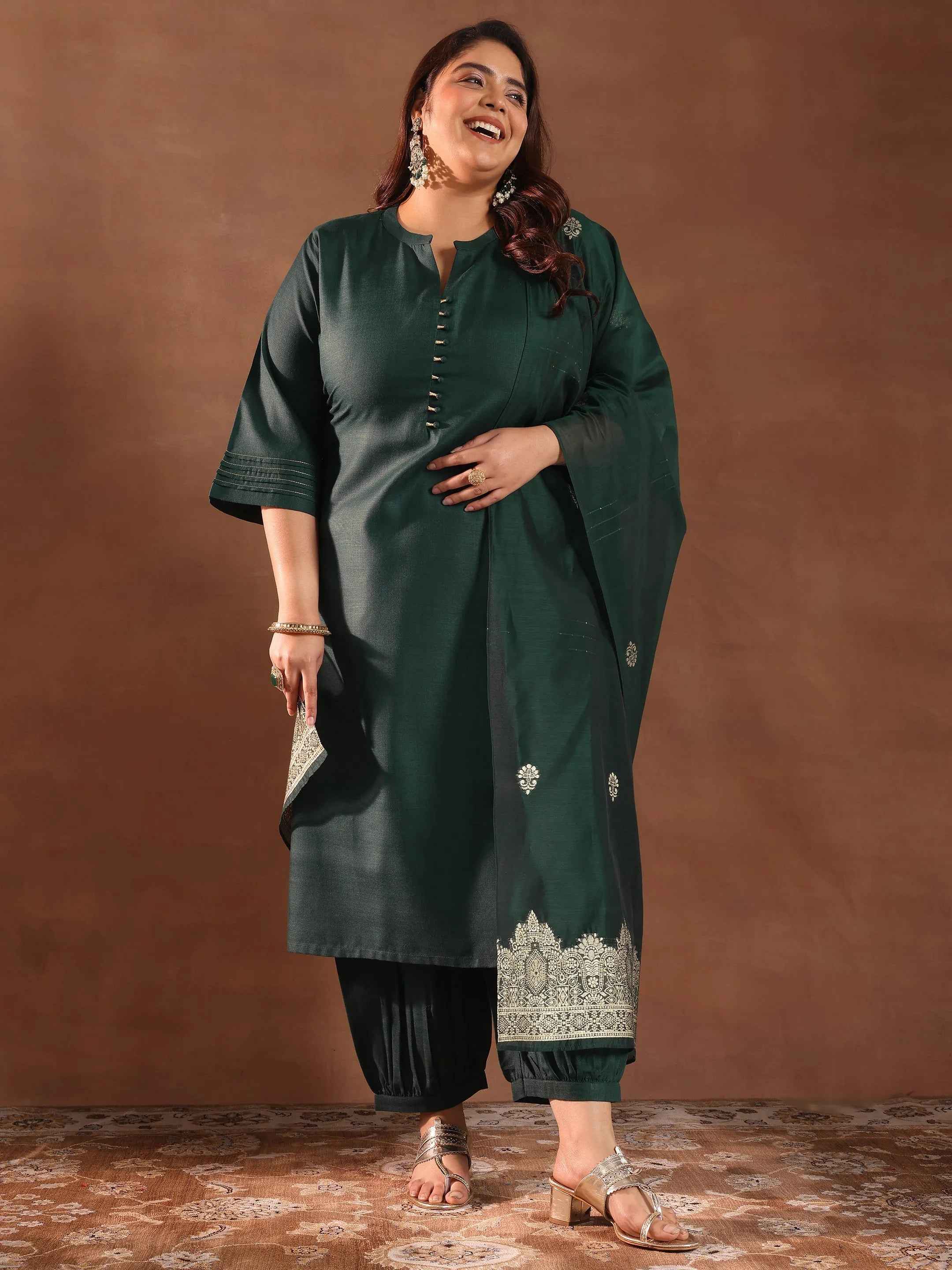 Plus Size Green Solid Cotton Blend Straight Suit Set With Dupatta