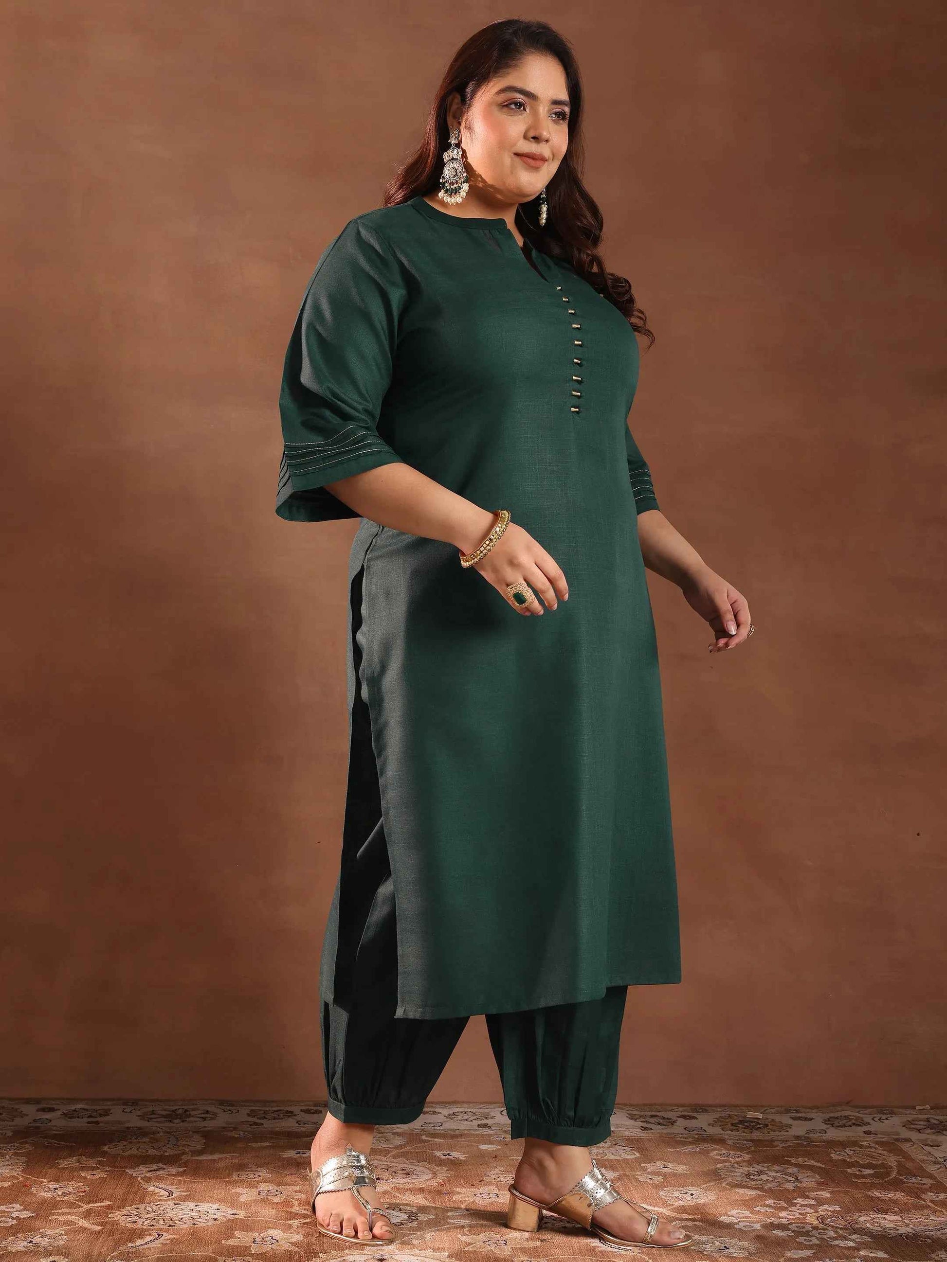 Plus Size Green Solid Cotton Blend Straight Suit Set With Dupatta