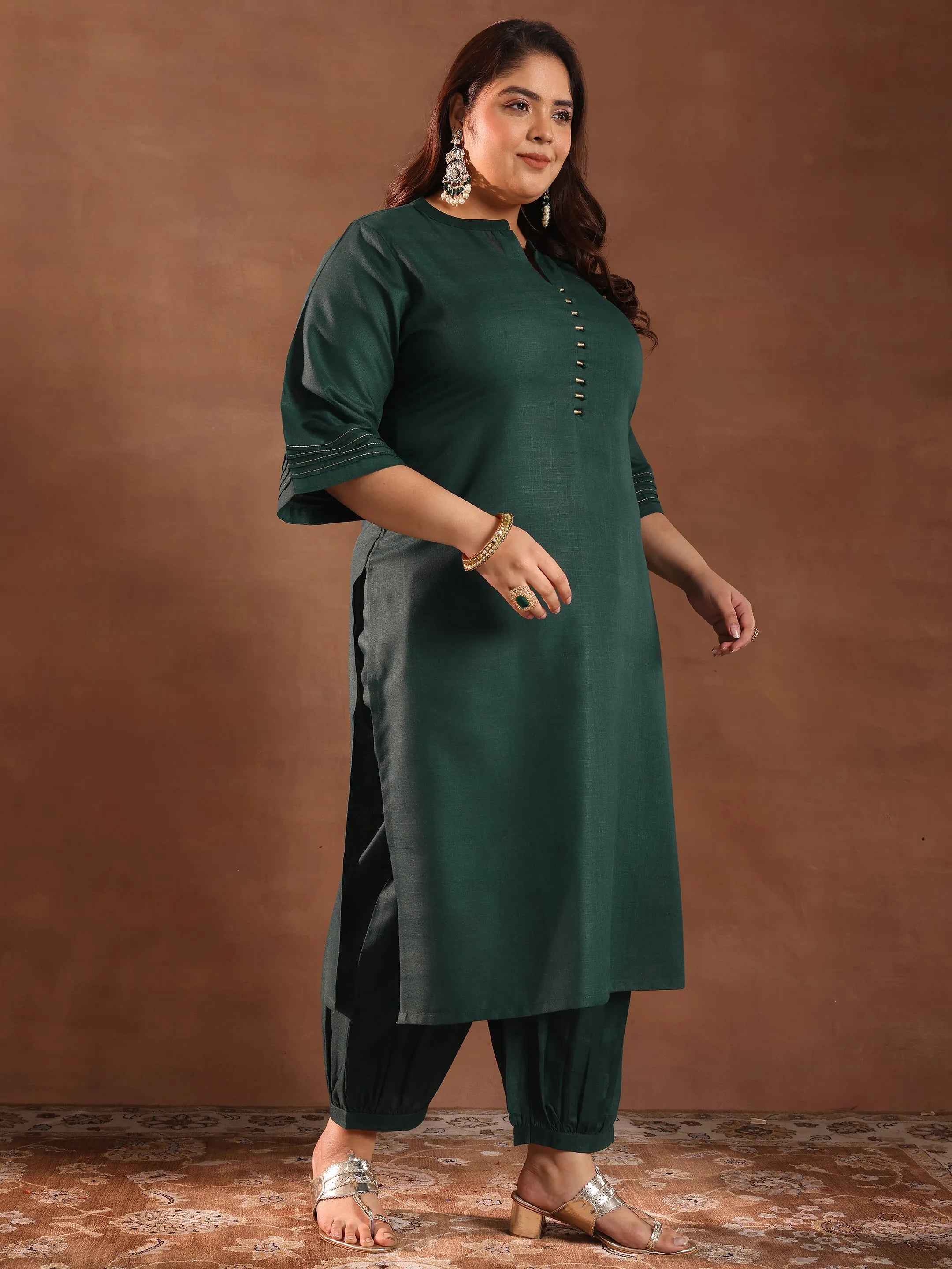 Plus Size Green Solid Cotton Blend Straight Suit Set With Dupatta