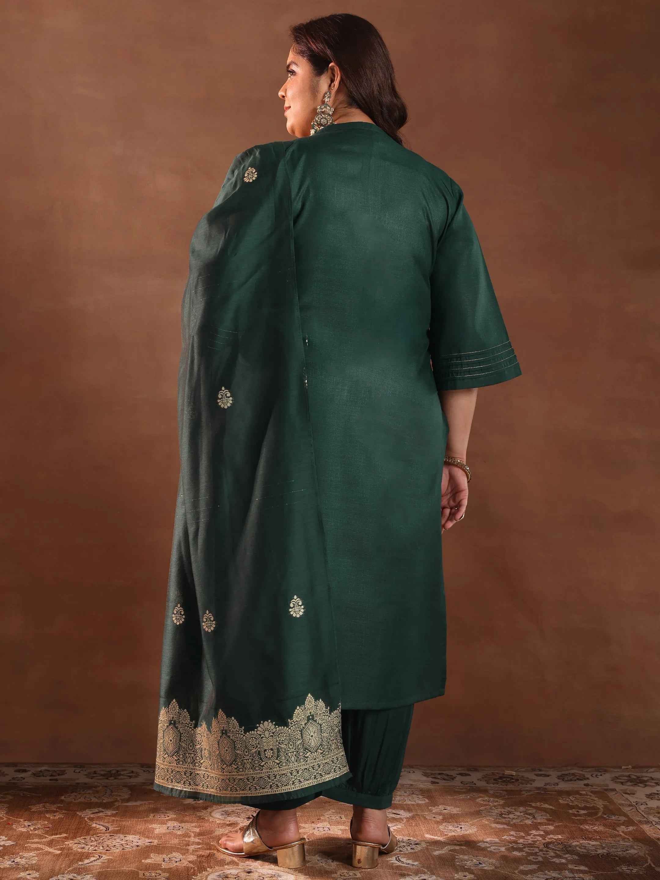 Plus Size Green Solid Cotton Blend Straight Suit Set With Dupatta