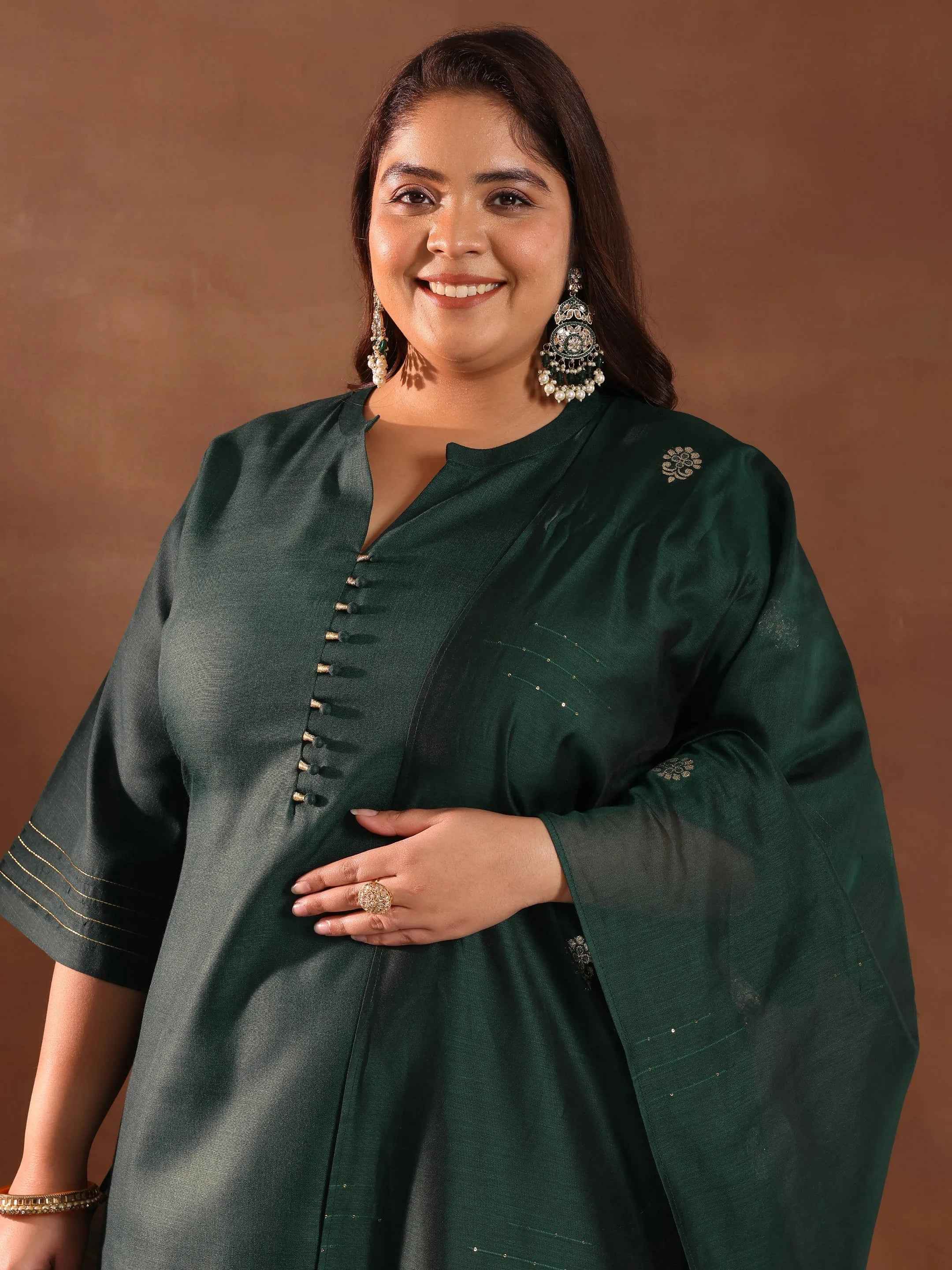 Plus Size Green Solid Cotton Blend Straight Suit Set With Dupatta