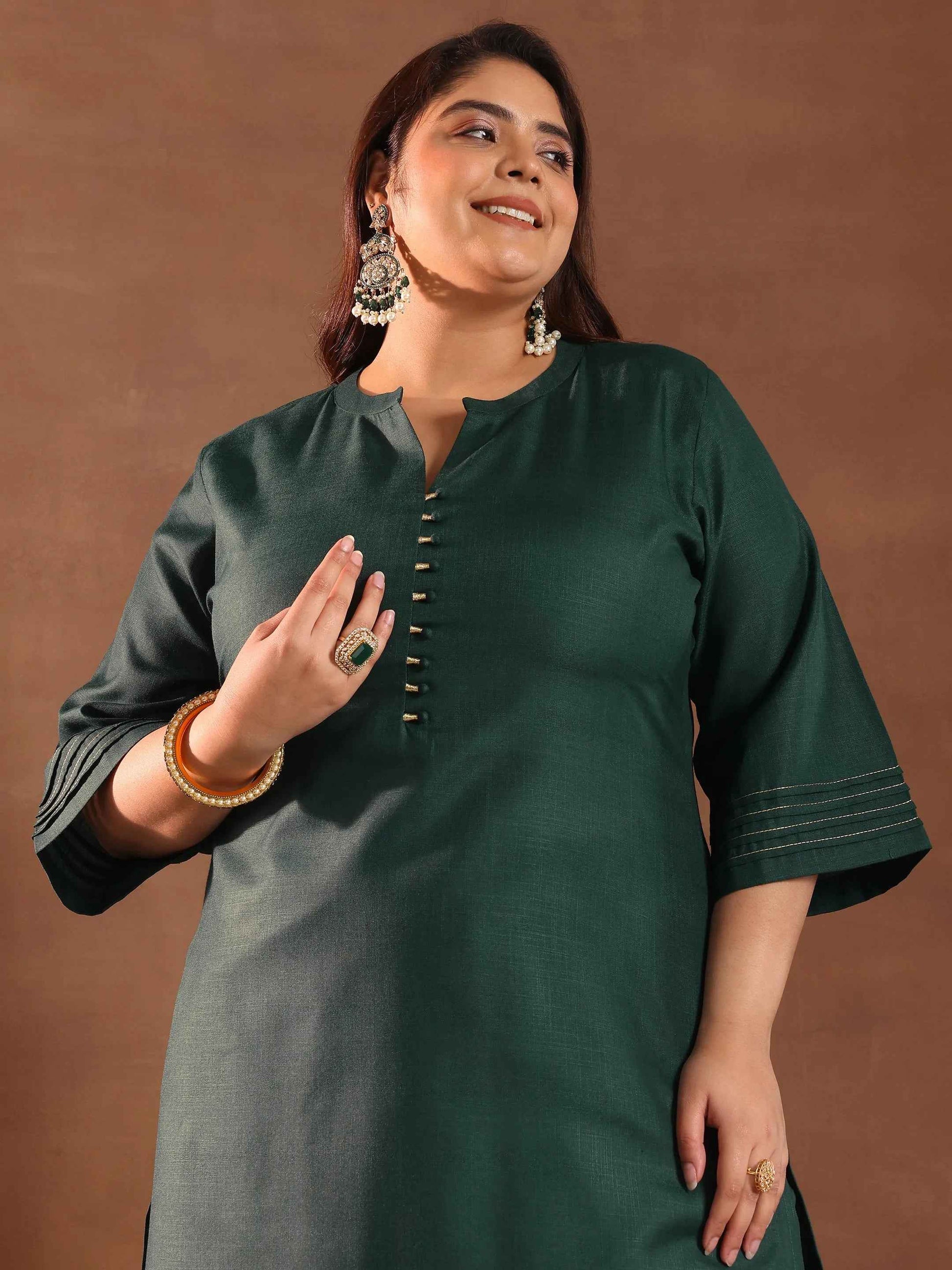 Plus Size Green Solid Cotton Blend Straight Suit Set With Dupatta