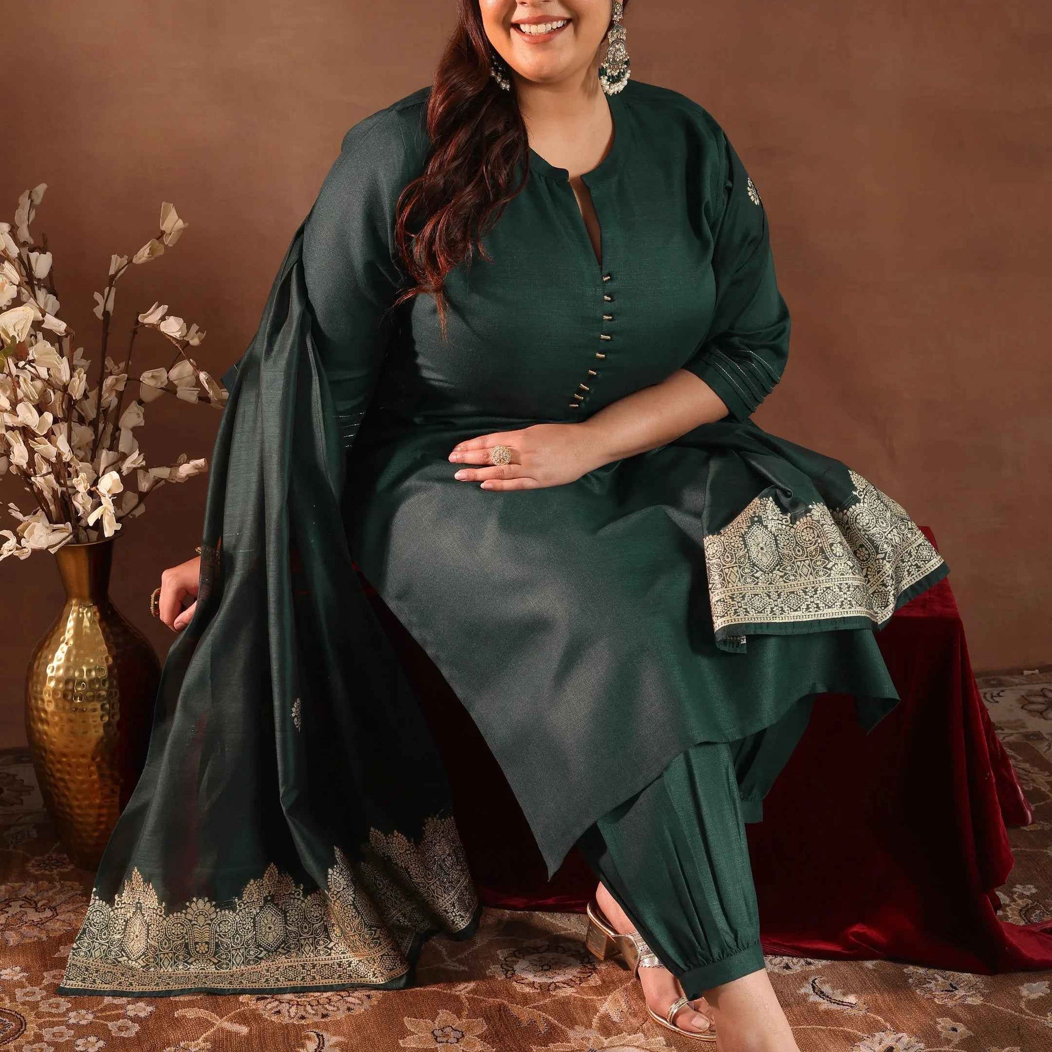Plus Size Green Solid Cotton Blend Straight Suit Set With Dupatta