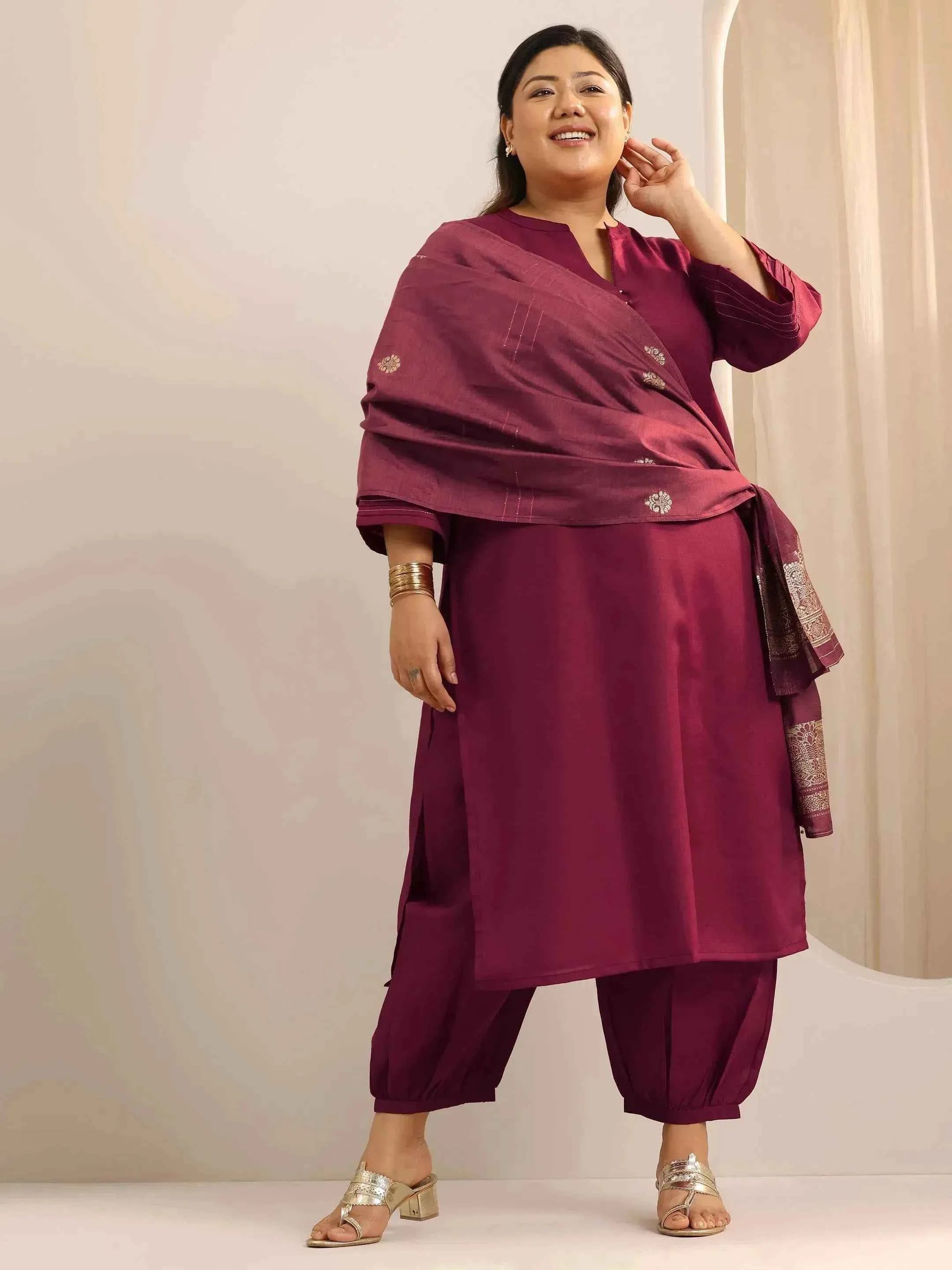 Plus Size Maroon Solid Cotton Blend Straight Suit Set With Dupatta