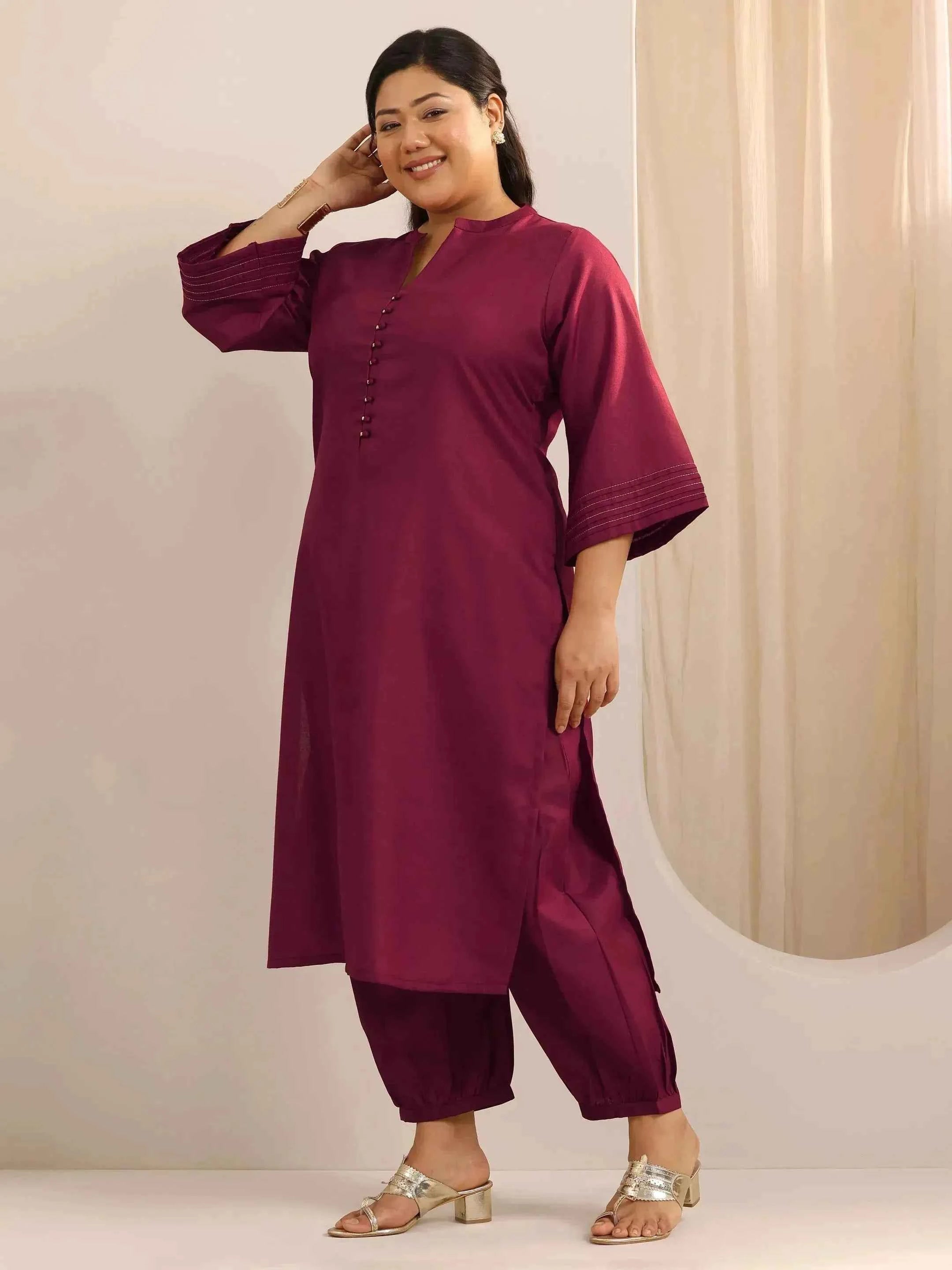 Plus Size Maroon Solid Cotton Blend Straight Suit Set With Dupatta