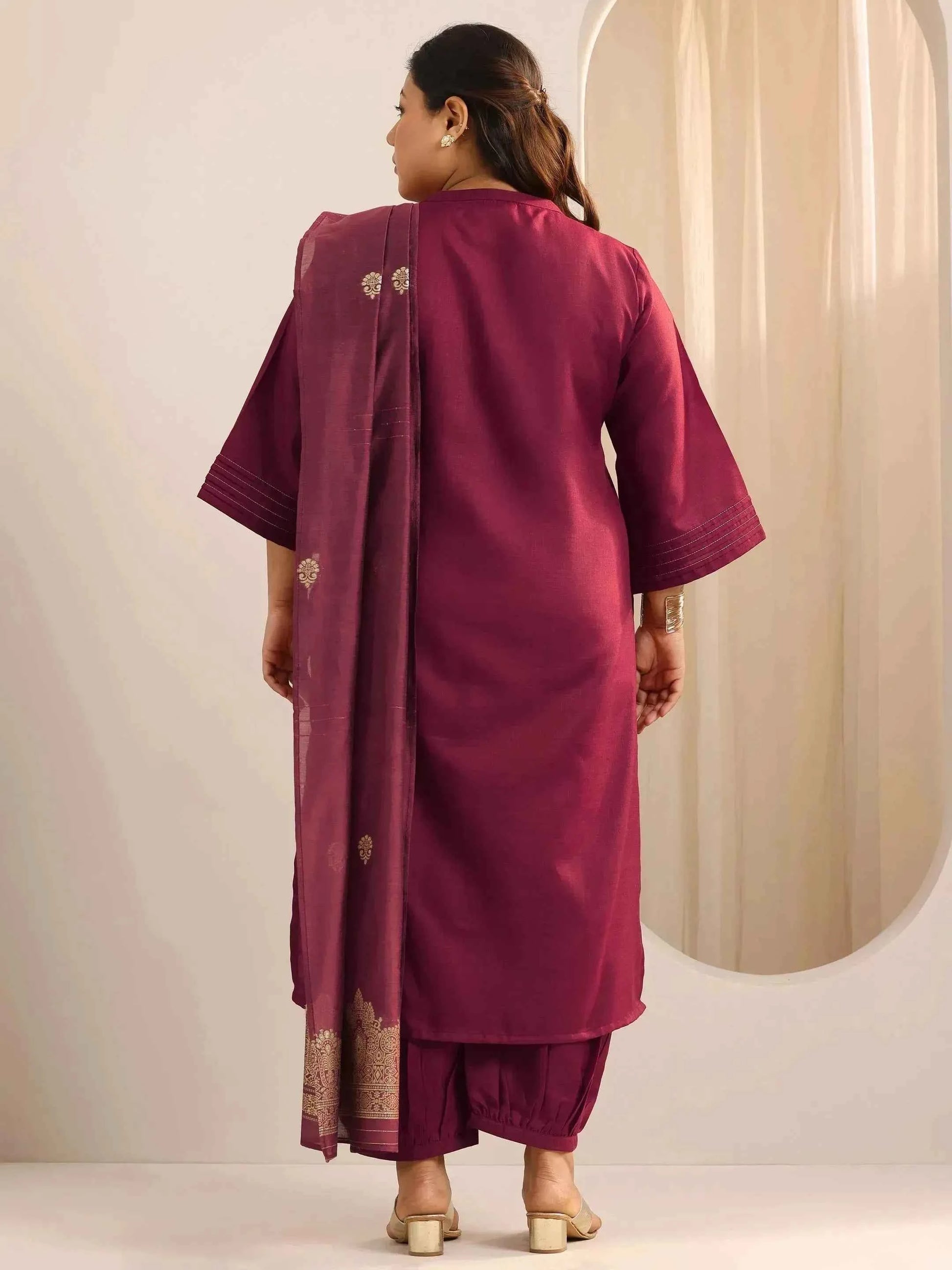 Plus Size Maroon Solid Cotton Blend Straight Suit Set With Dupatta