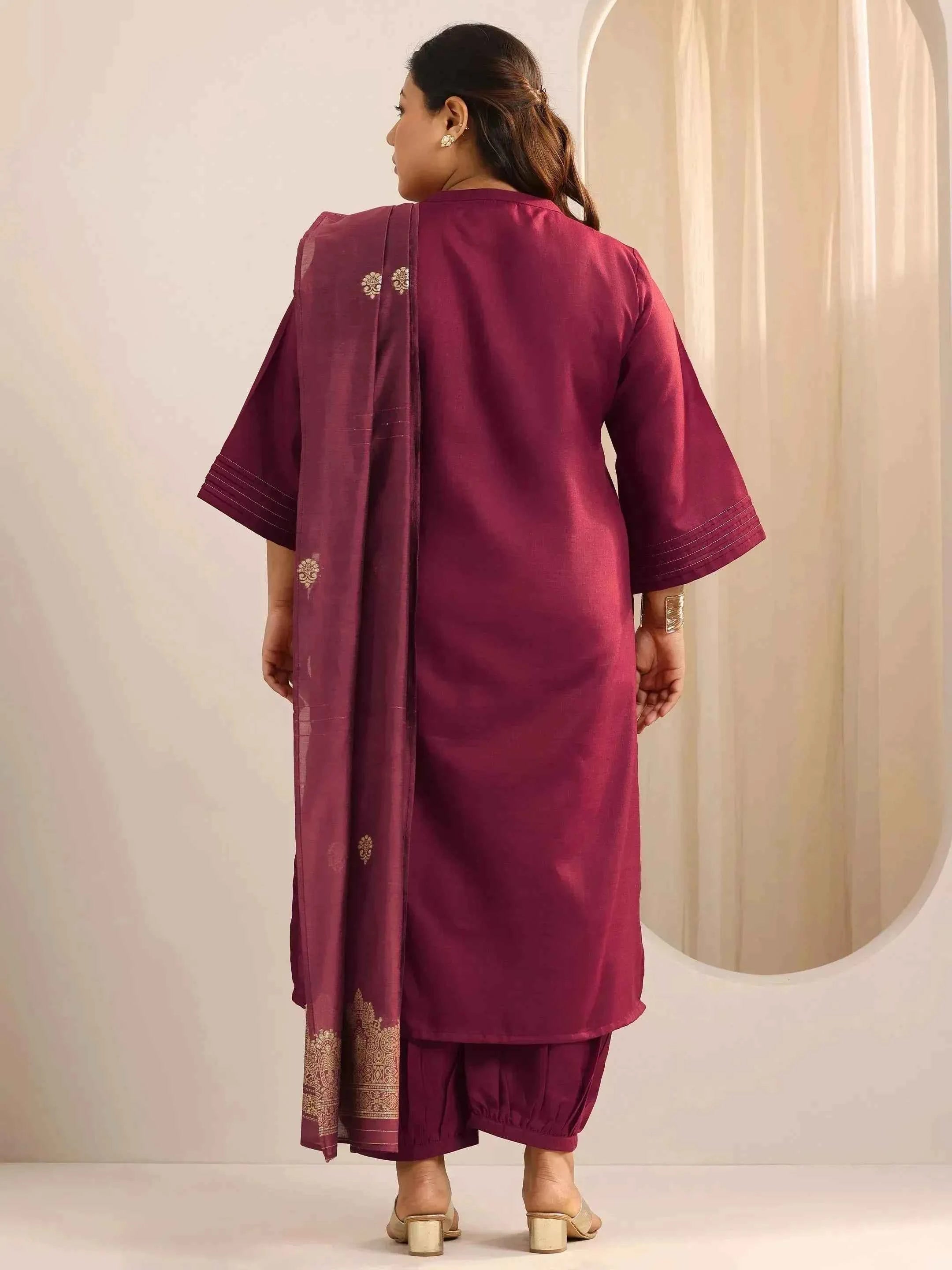 Plus Size Maroon Solid Cotton Blend Straight Suit Set With Dupatta