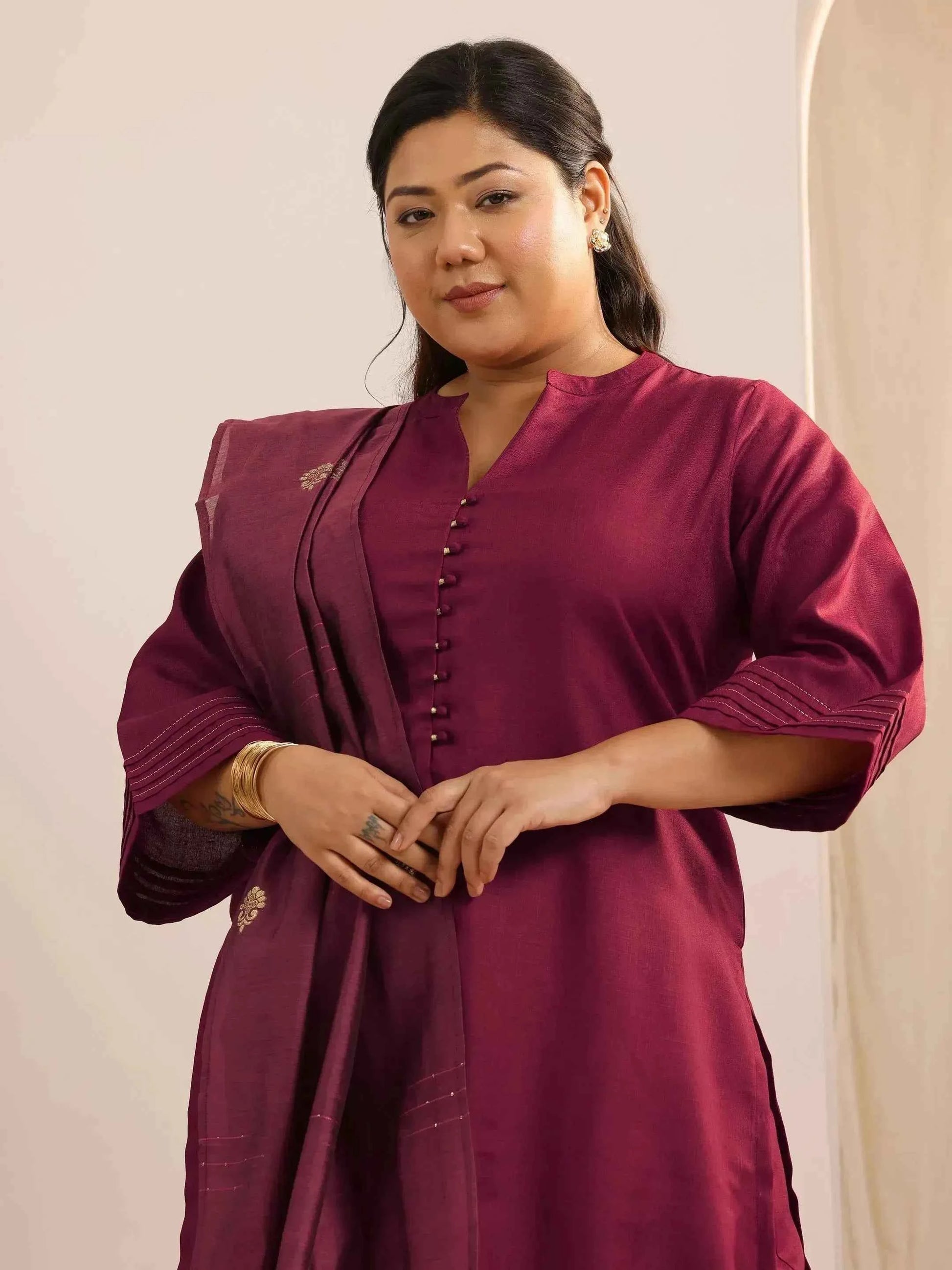 Plus Size Maroon Solid Cotton Blend Straight Suit Set With Dupatta