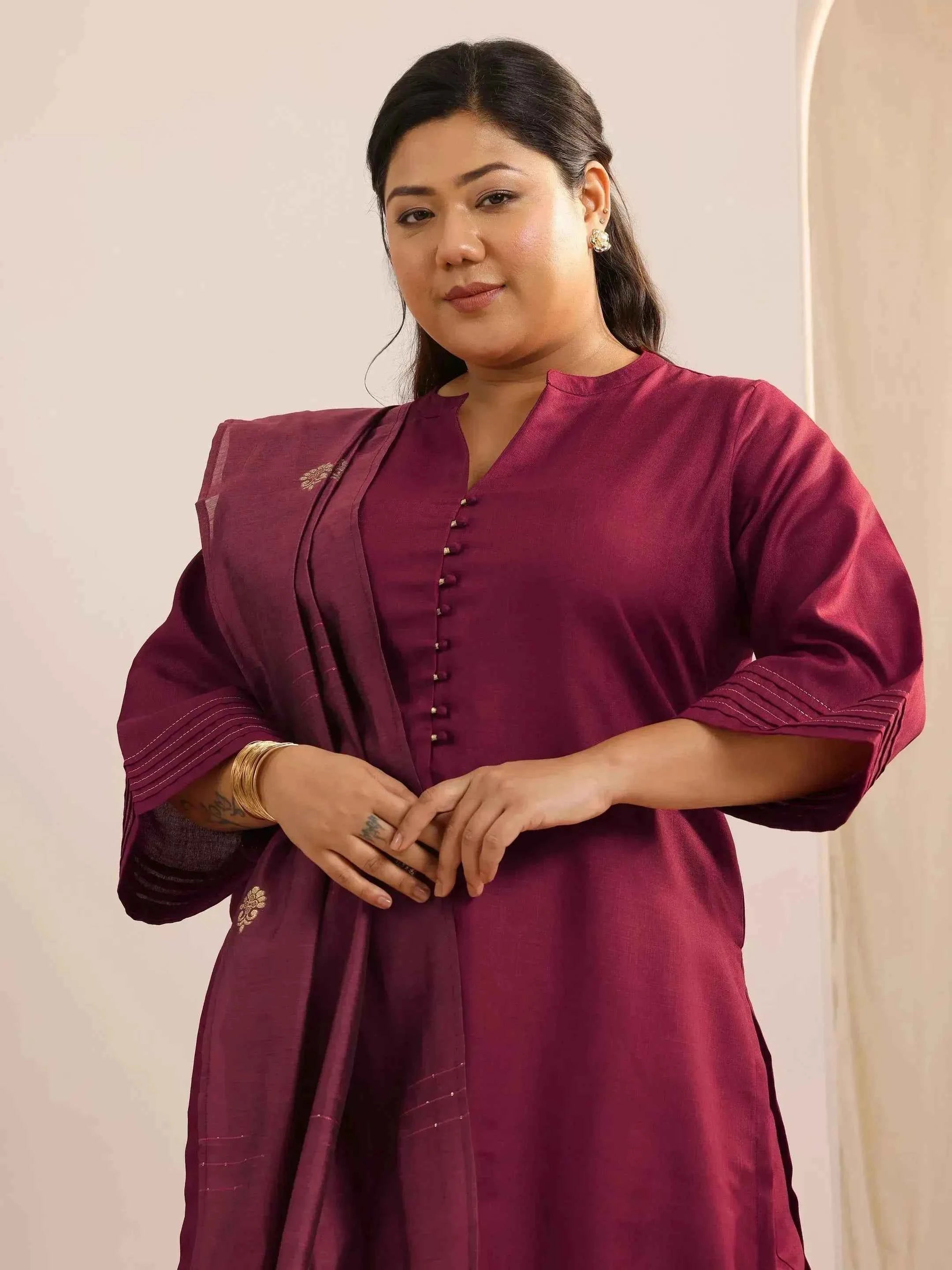 Plus Size Maroon Solid Cotton Blend Straight Suit Set With Dupatta