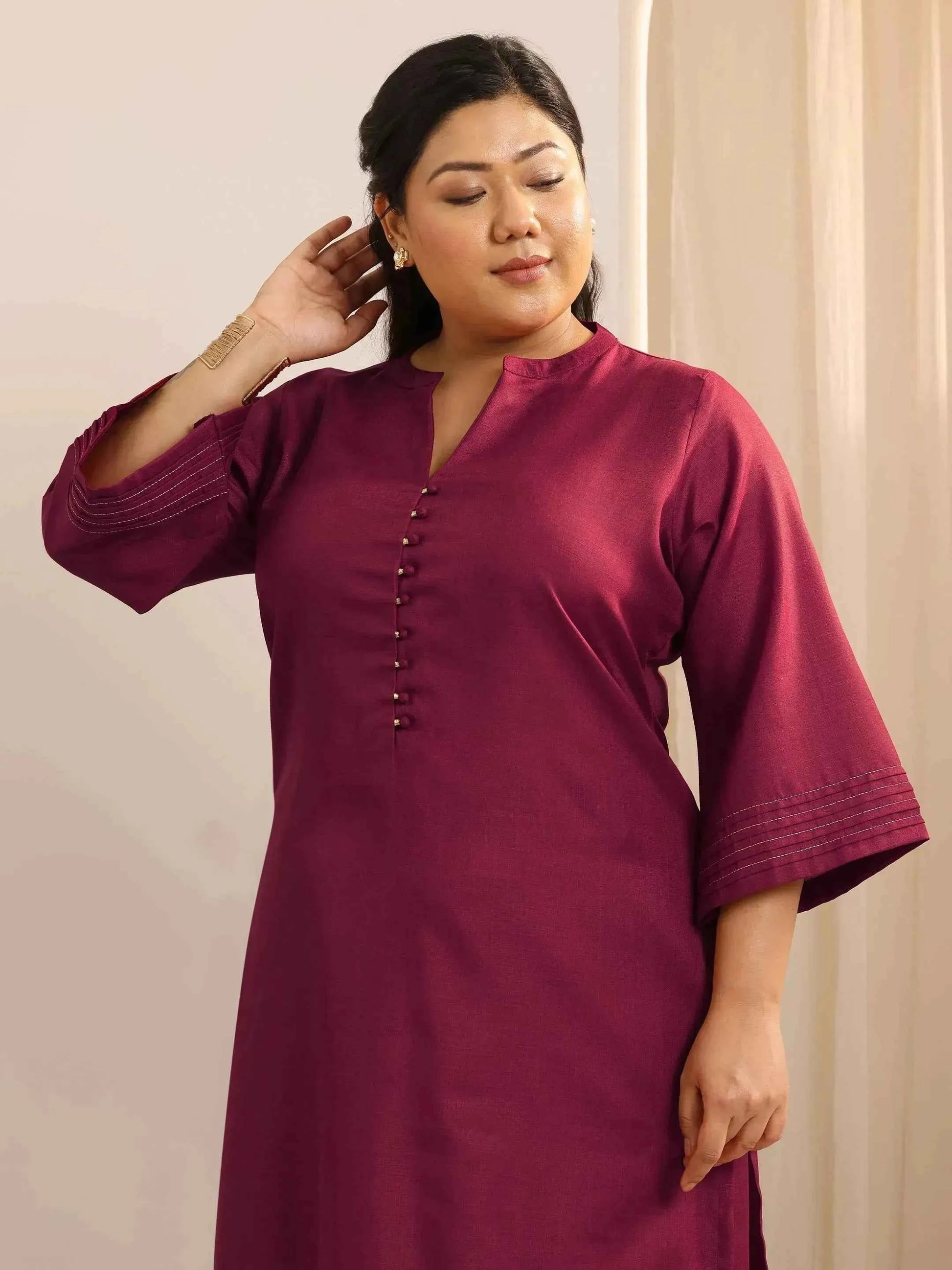 Plus Size Maroon Solid Cotton Blend Straight Suit Set With Dupatta